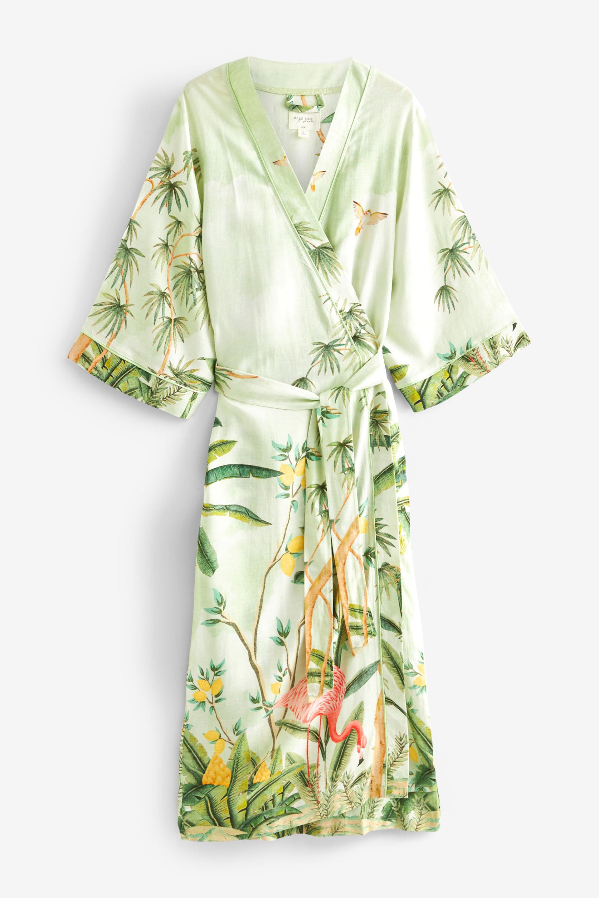Sage Green Flamingo Print Linen Blend Robe - Image 4 of 5