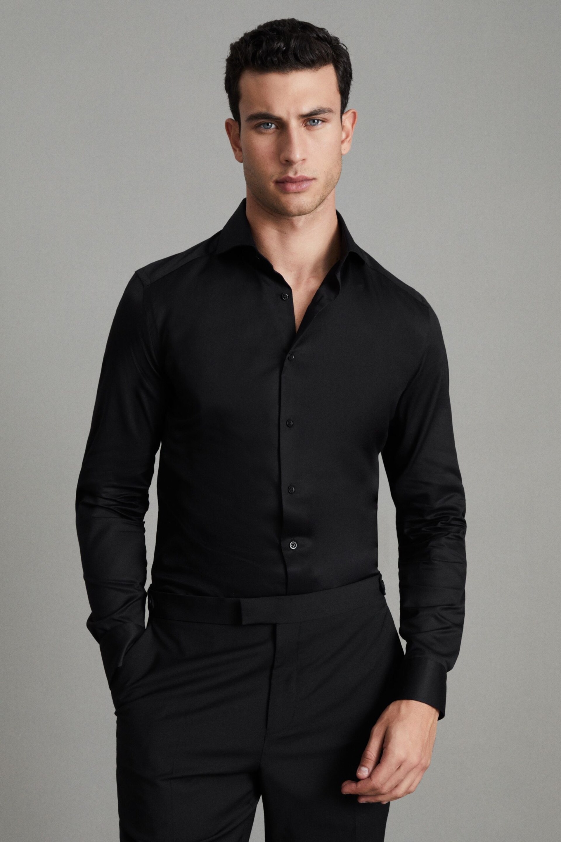 Reiss Black Storm Slim Fit Two-Fold Cotton Shirt - Image 1 of 6