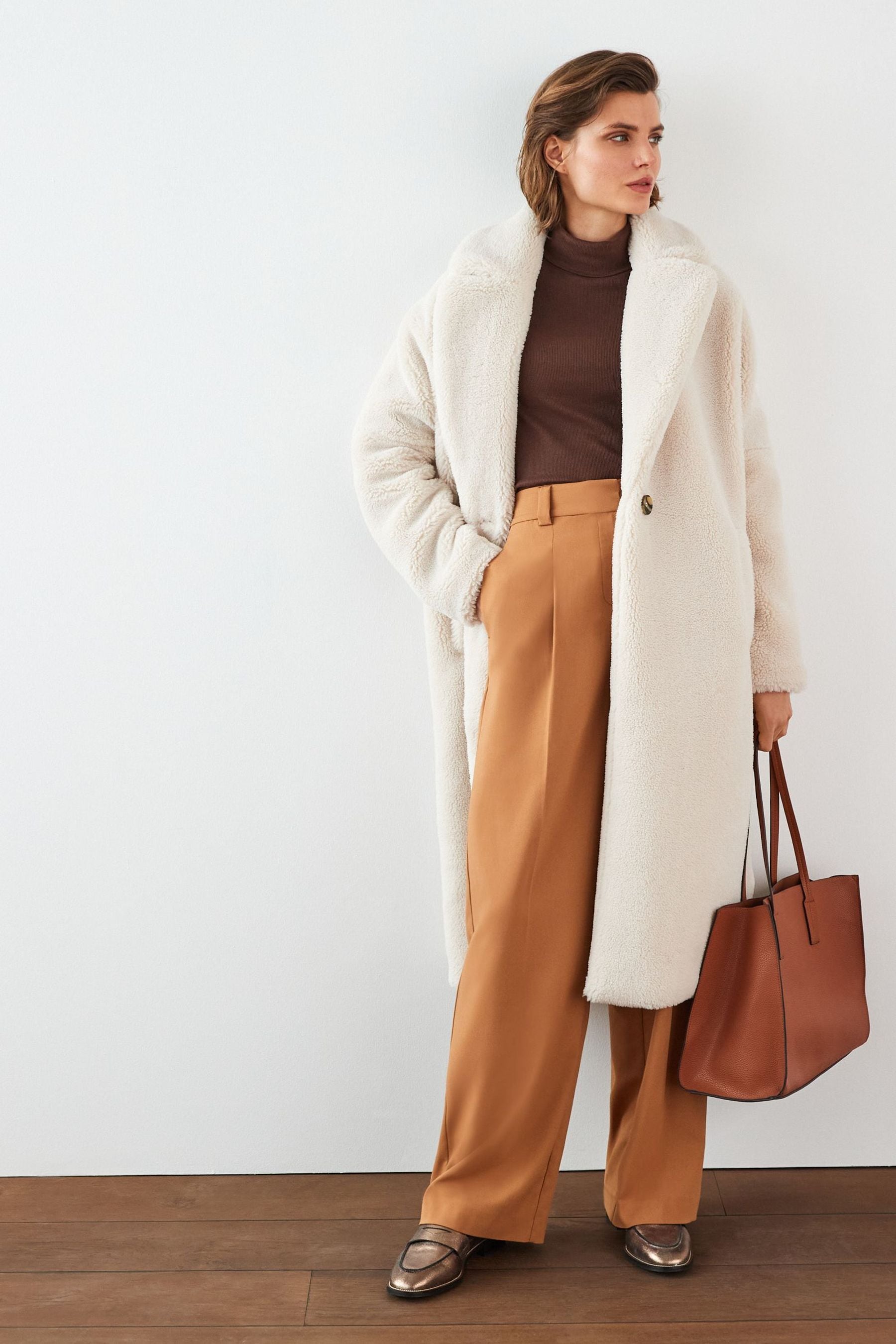 Buy Ecru Cream Teddy Borg Long Coat from Next Luxembourg