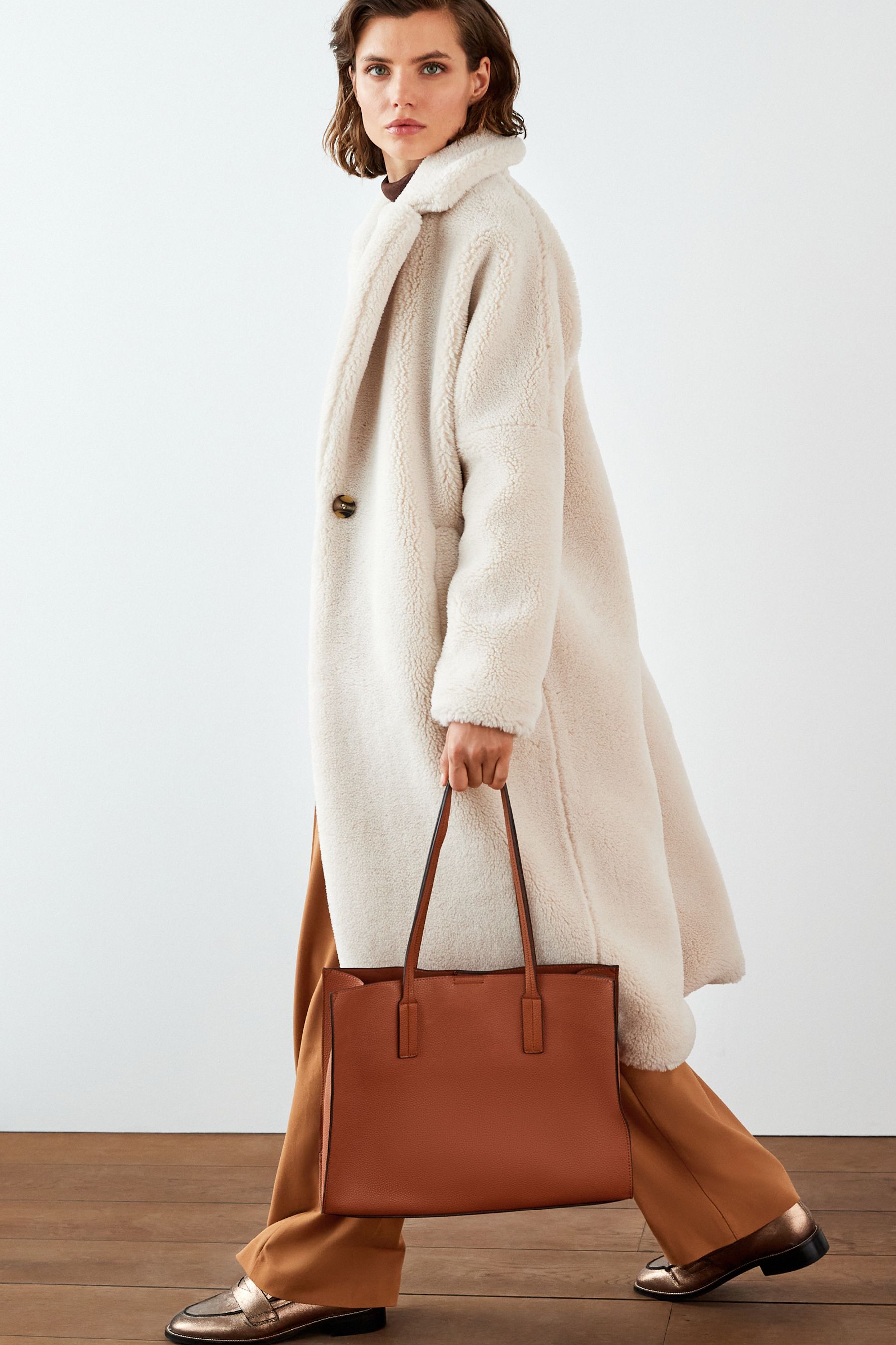 Buy Ecru Cream Teddy Borg Long Coat from Next Luxembourg