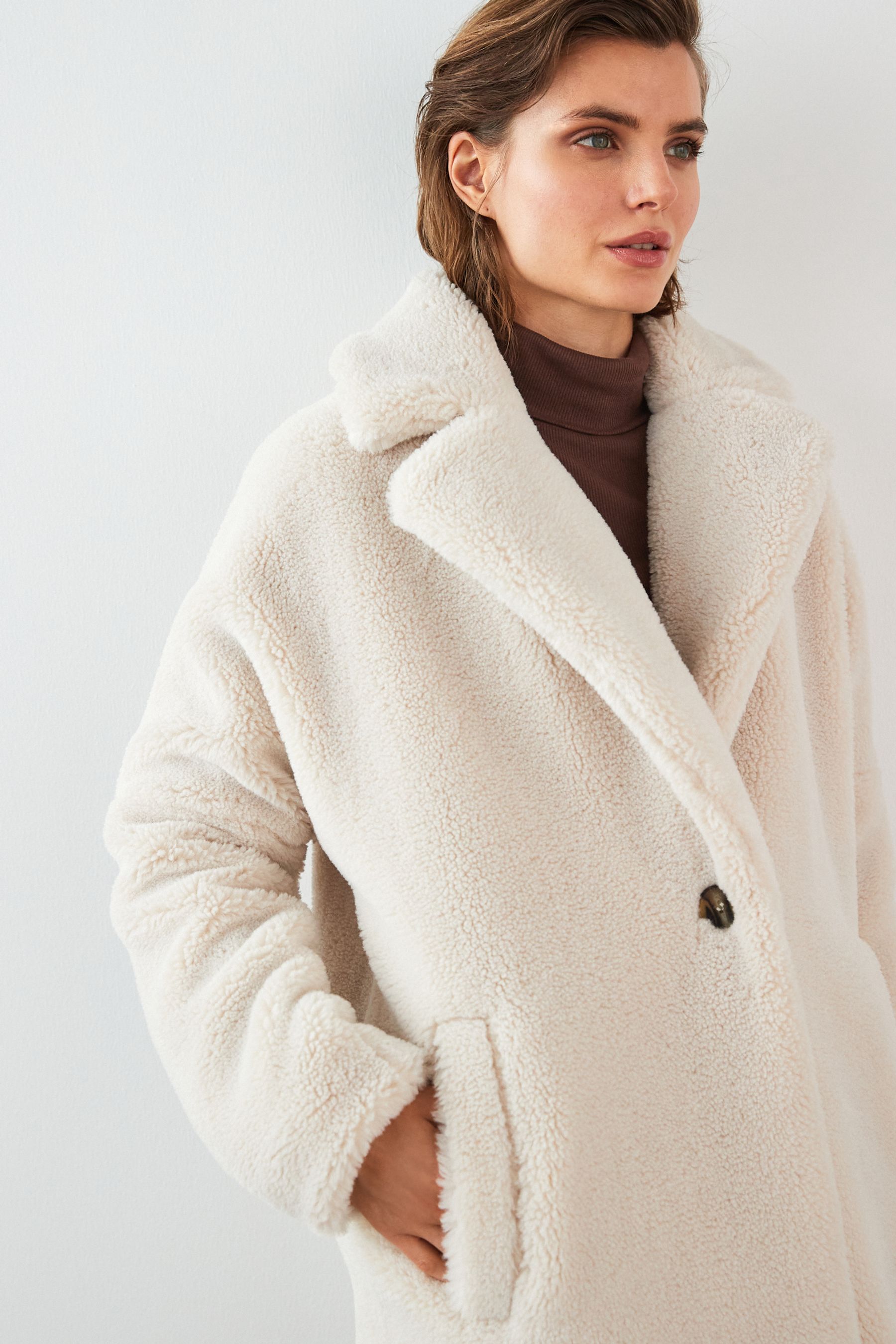 Buy Ecru Cream Teddy Borg Long Coat from Next Luxembourg