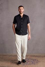 Black Grandad Collar Signature 100% Linen Short Sleeve Shirt - Image 2 of 7
