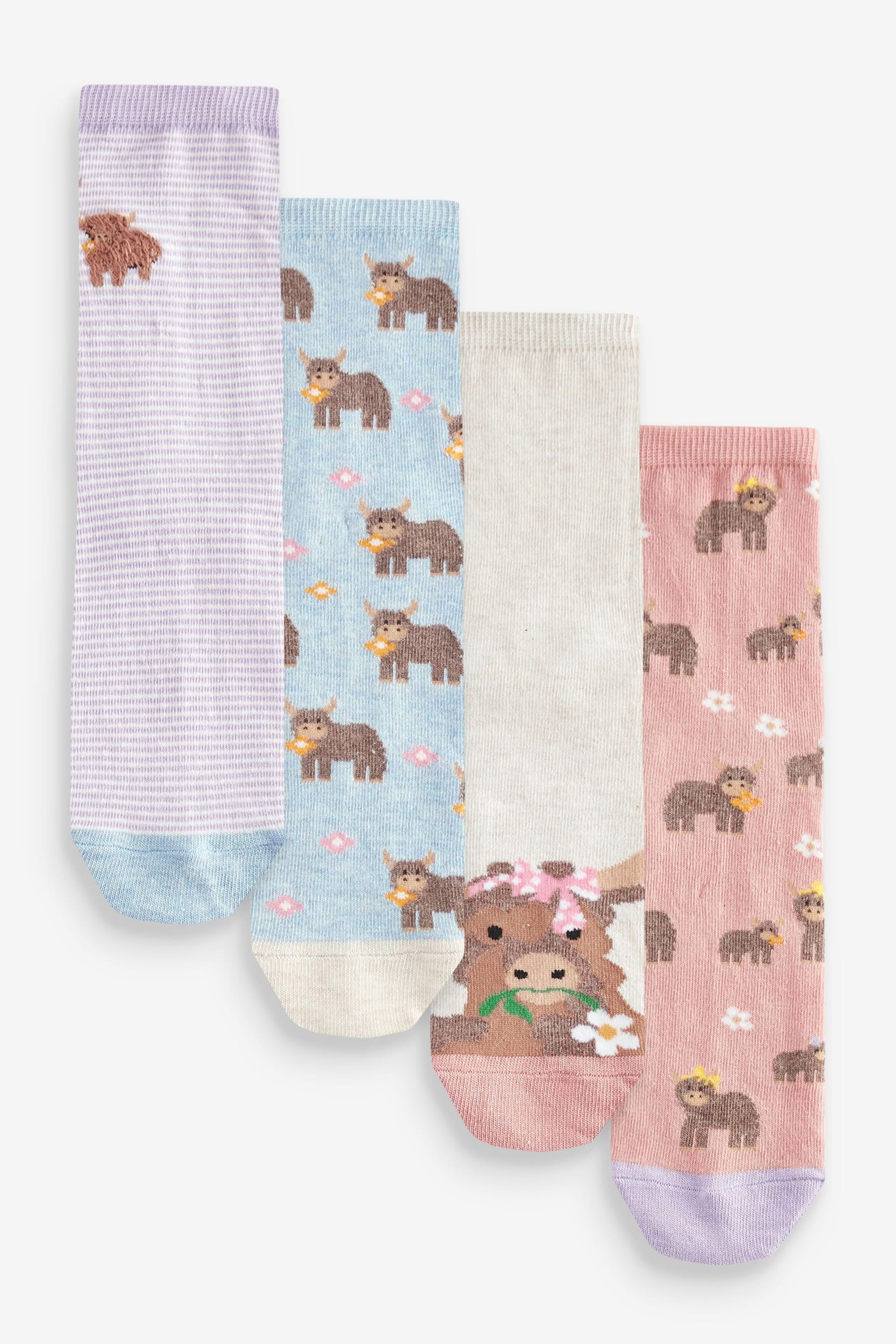 Pink/Lilac/Oatmeal Hamish the Highland Cow Ankle Socks 4 Pack - Image 1 of 5