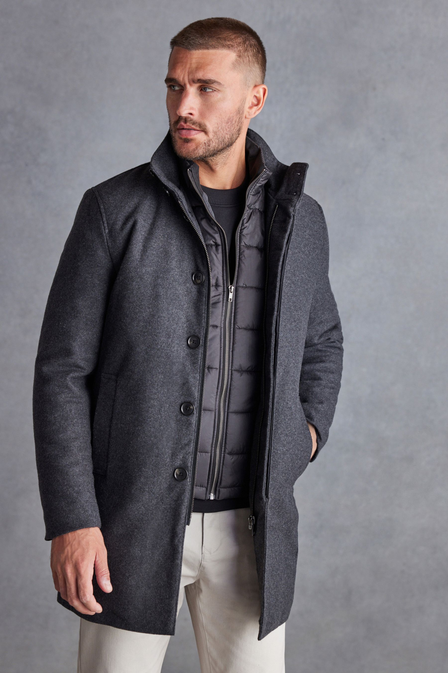 Buy Charcoal Grey Signature Italian Wool Rich Funnel Neck Coat With Removable Gilet from Next Luxembourg