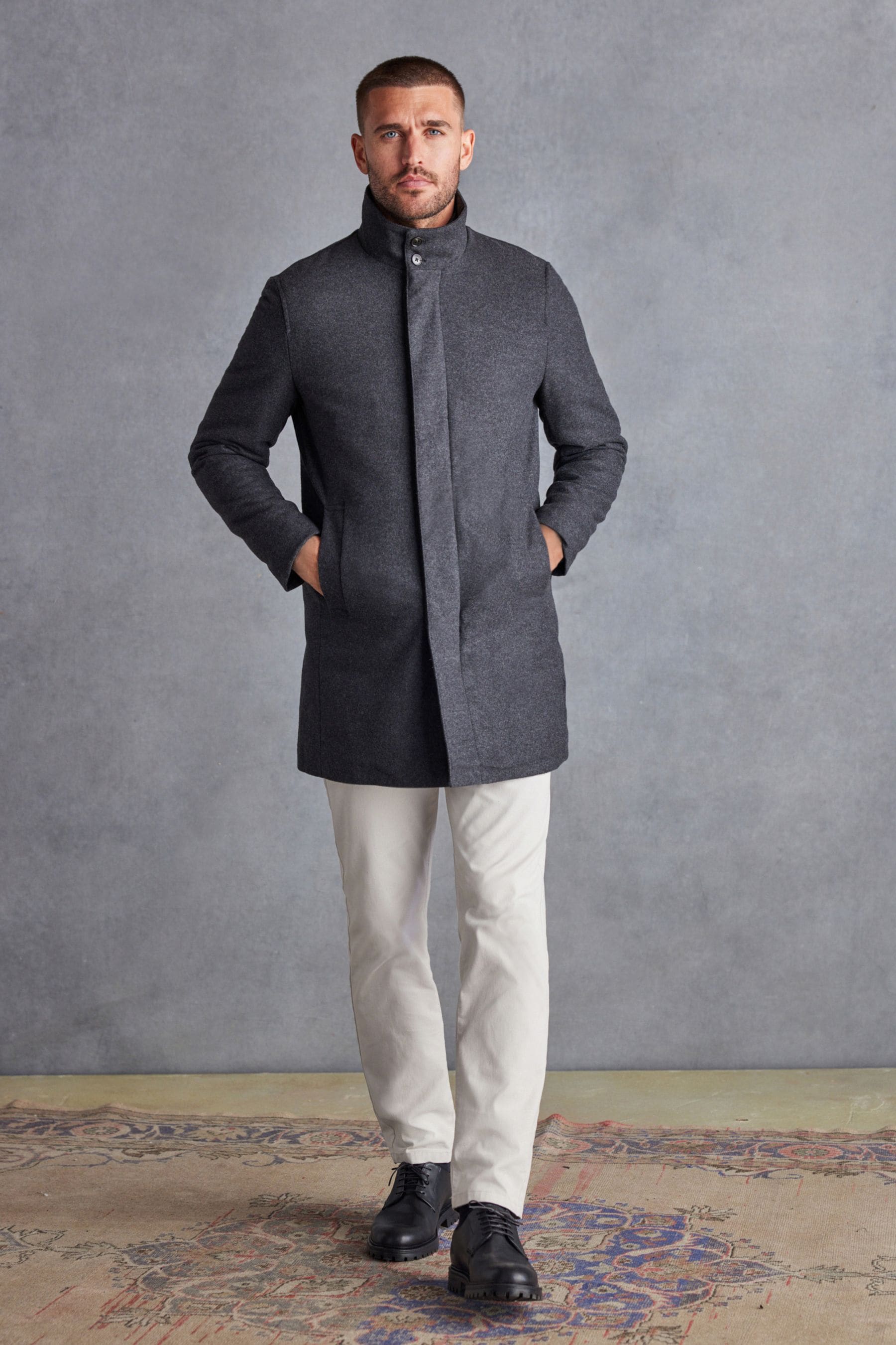 Charcoal Grey Signature Italian Wool Rich Funnel Neck Coat With Removable Gilet