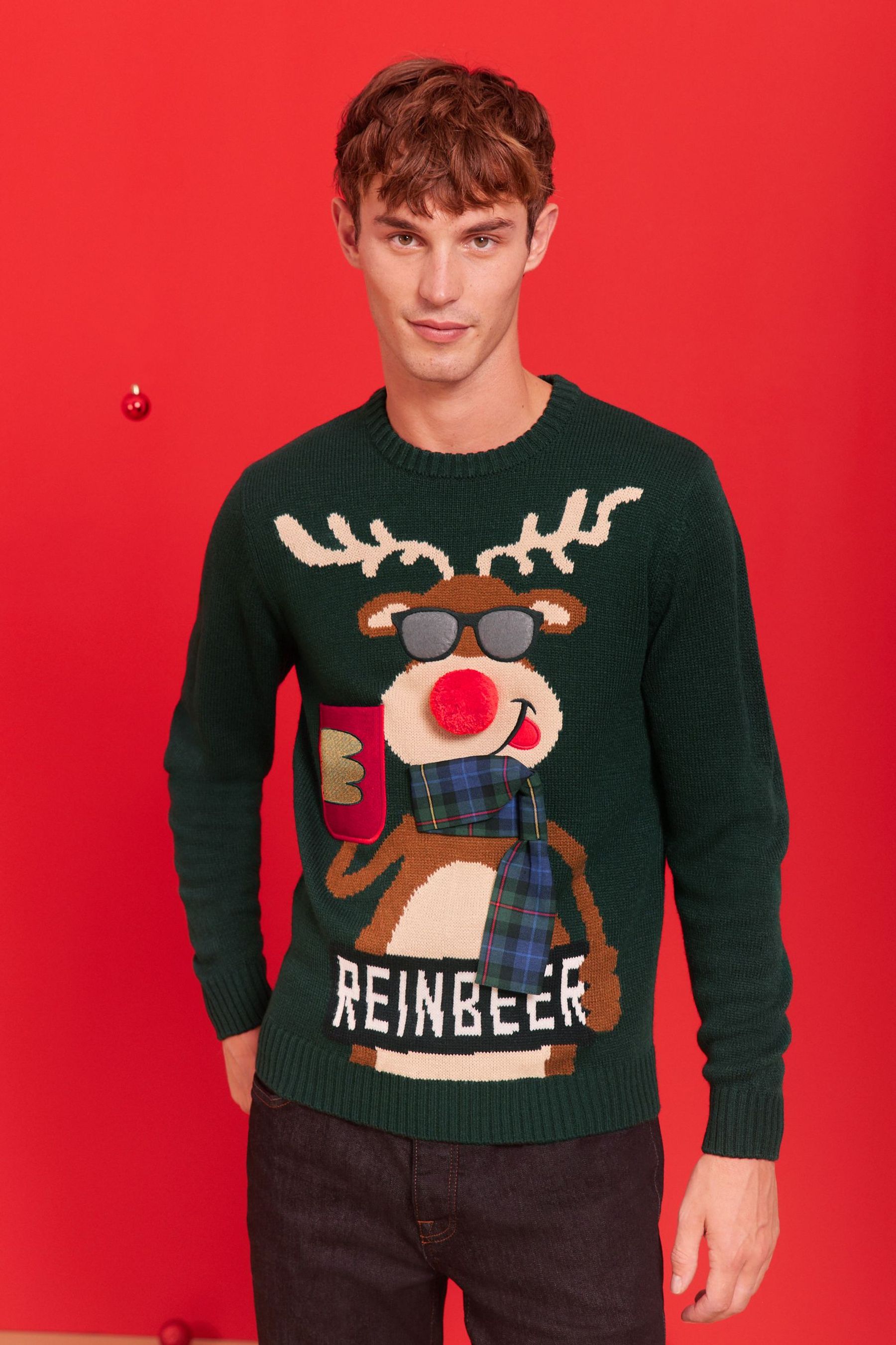 Buy Green Reindeer Beer Pocket Crew Neck Knitted Christmas Jumper from Next Luxembourg