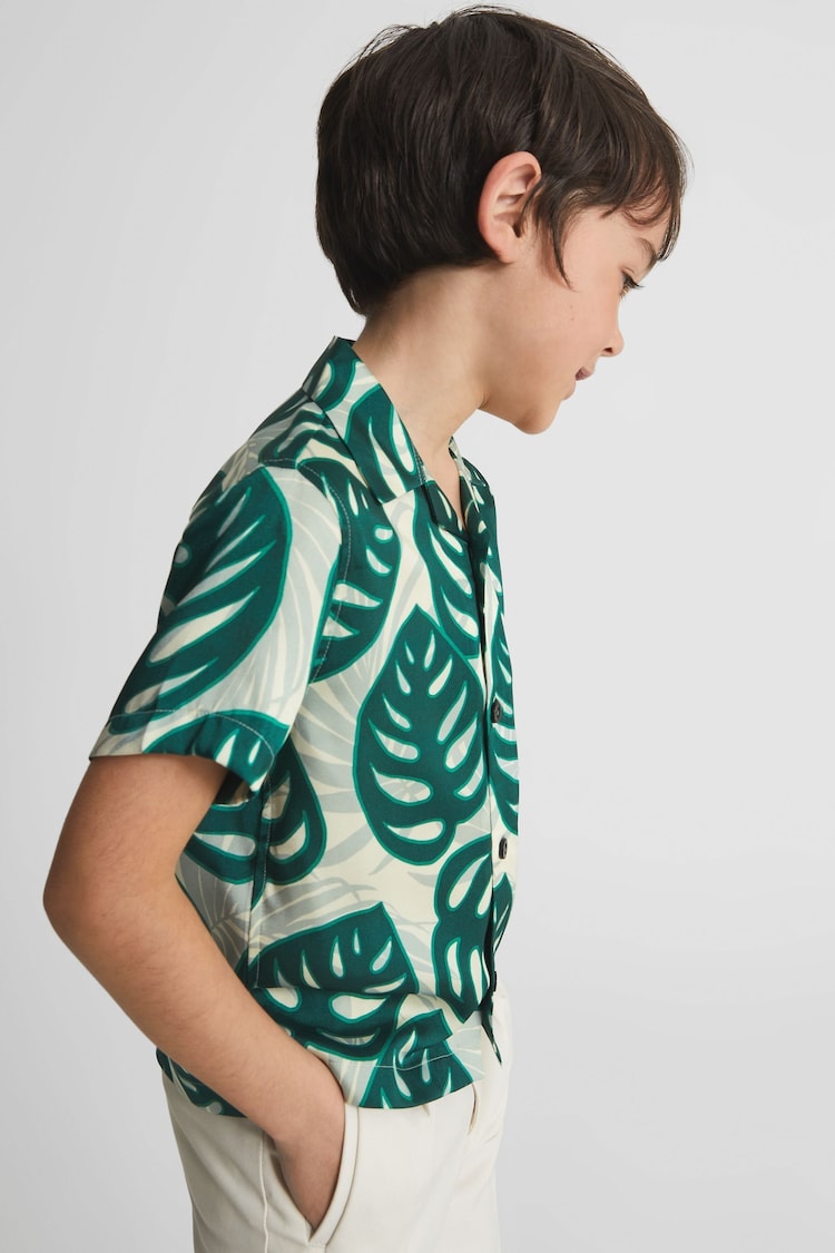 Reiss Green Yung 4-9 yrs Cuban Collar Monster Leaf Print Shirt - Image 1 of 5