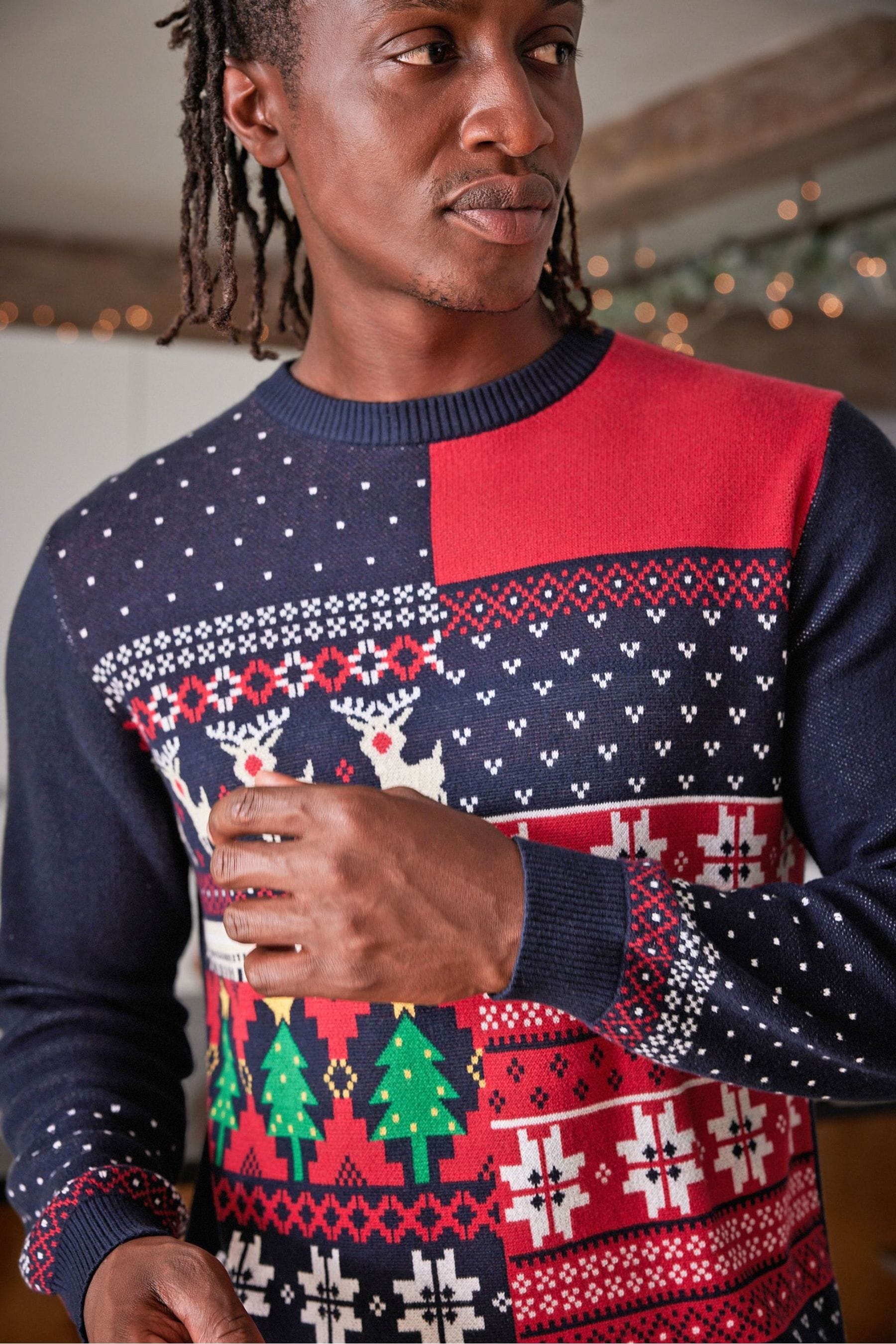 Buy Red Navy Blue Patchwork Reindeer Knitted Christmas Jumper from Next Luxembourg
