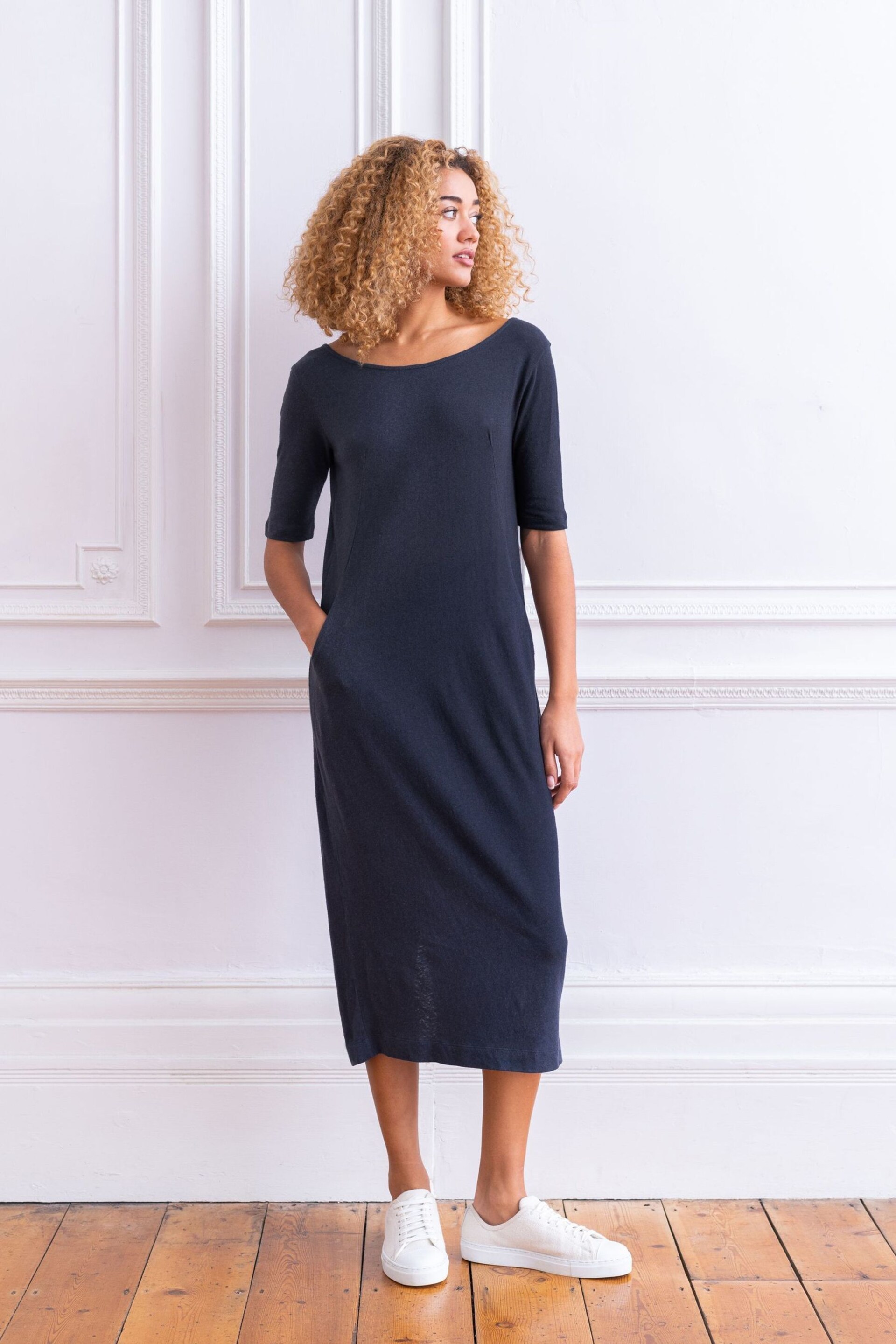 Celtic & Co. Navy Blue Linen/Cotton Button Back Dress - Image 1 of 5