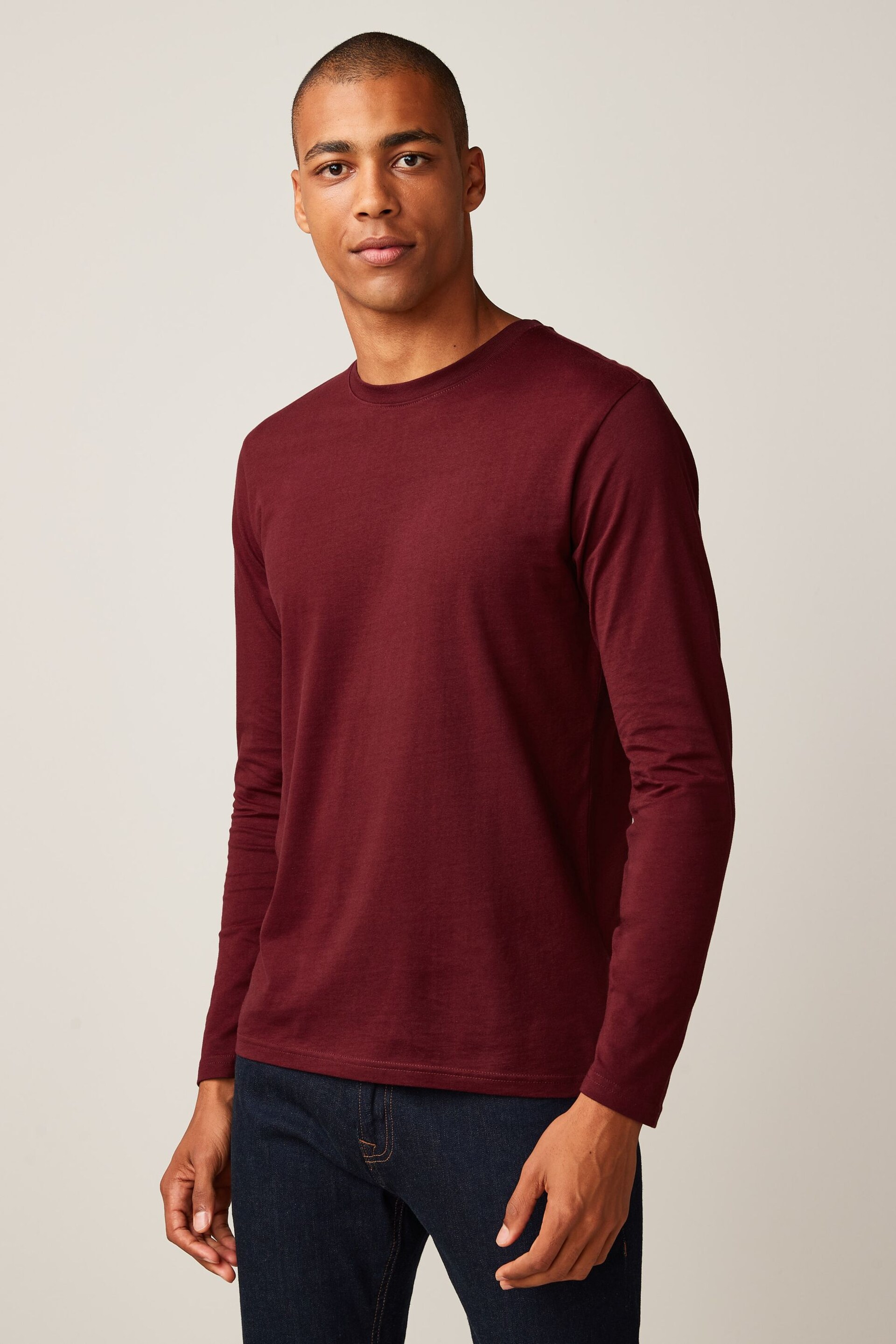 Burgundy Red Regular Fit Long Sleeve Crew Neck T-Shirt - Image 1 of 4