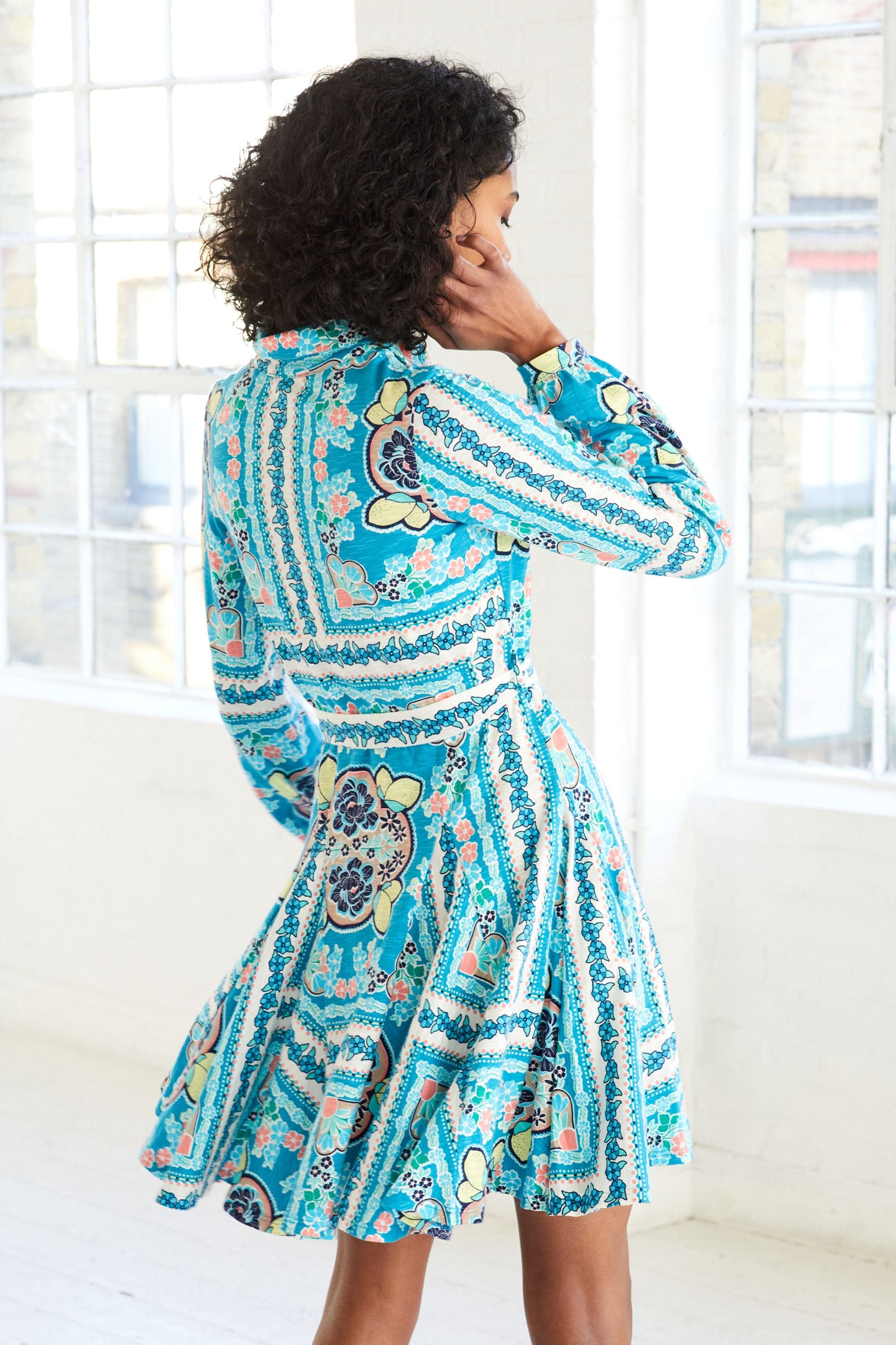 Buy Blue Scarf Print Long Sleeve Belted Mini Dress from Next Luxembourg