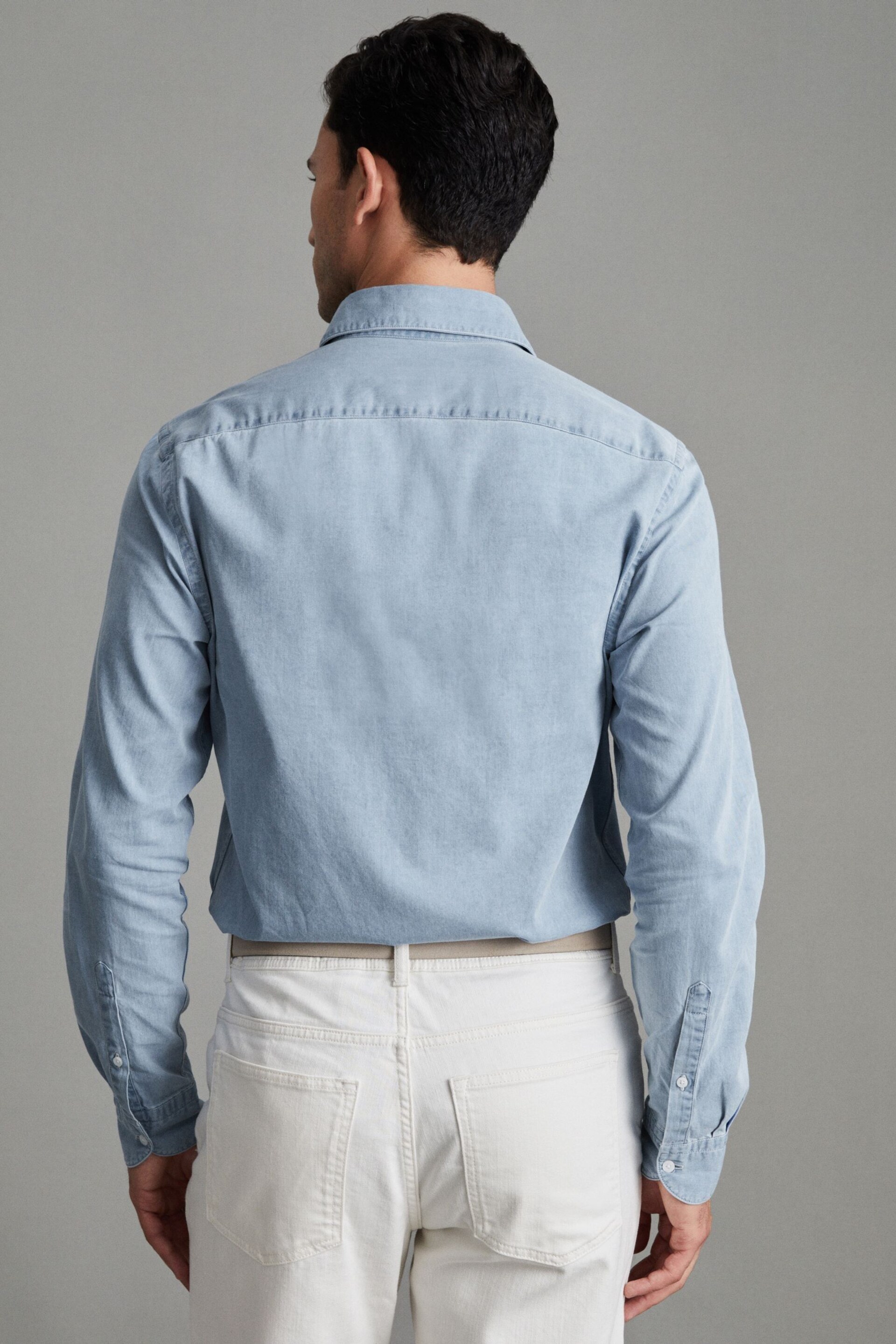 Reiss Blue Draper Washed Chambray Button-Through Shirt - Image 4 of 8