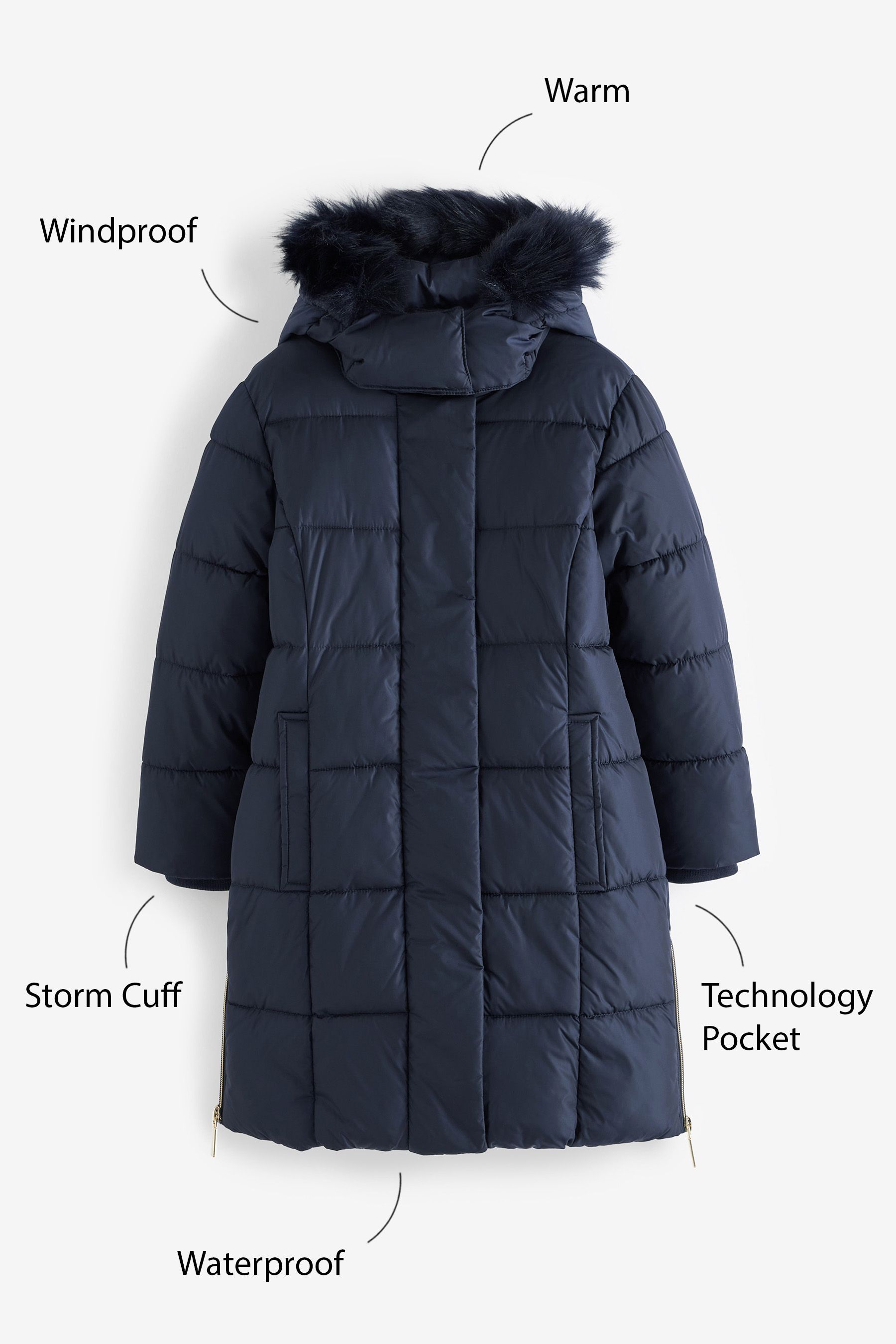 Clarks Navy Blue Girls Longline Puffer Coat