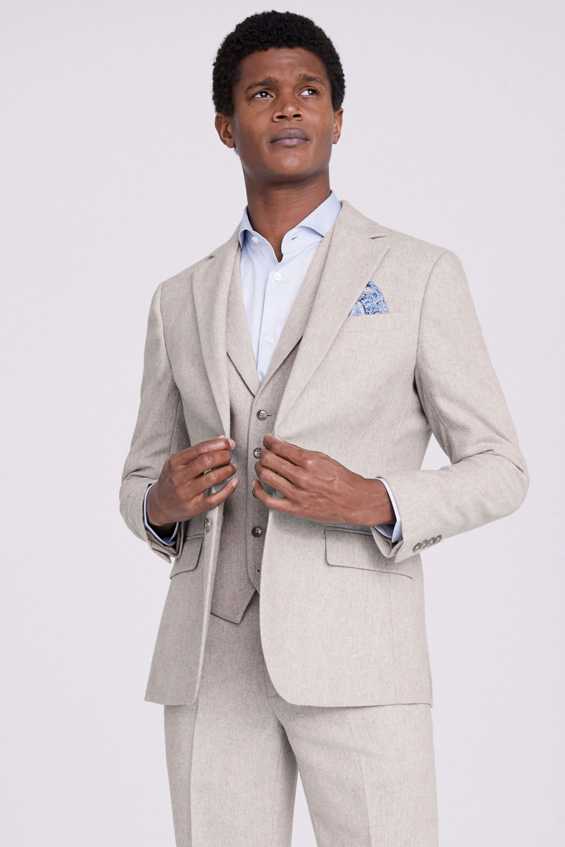 MOSS Light Grey Tailored Fit Herringbone Suit Jacket - Image 1 of 5