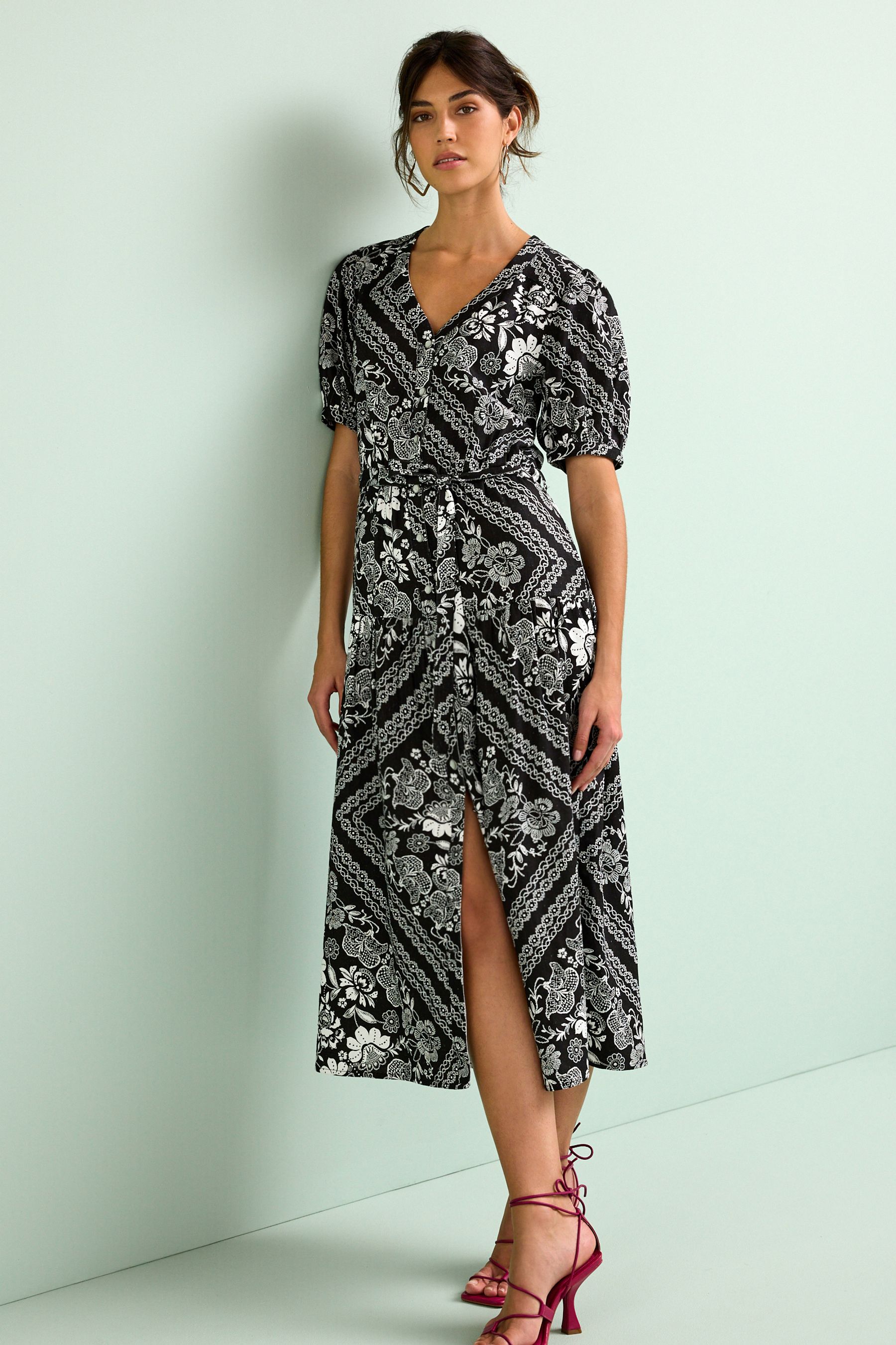 Buy Black White Linen Blend Button Down Printed Midi Dress from Next Luxembourg