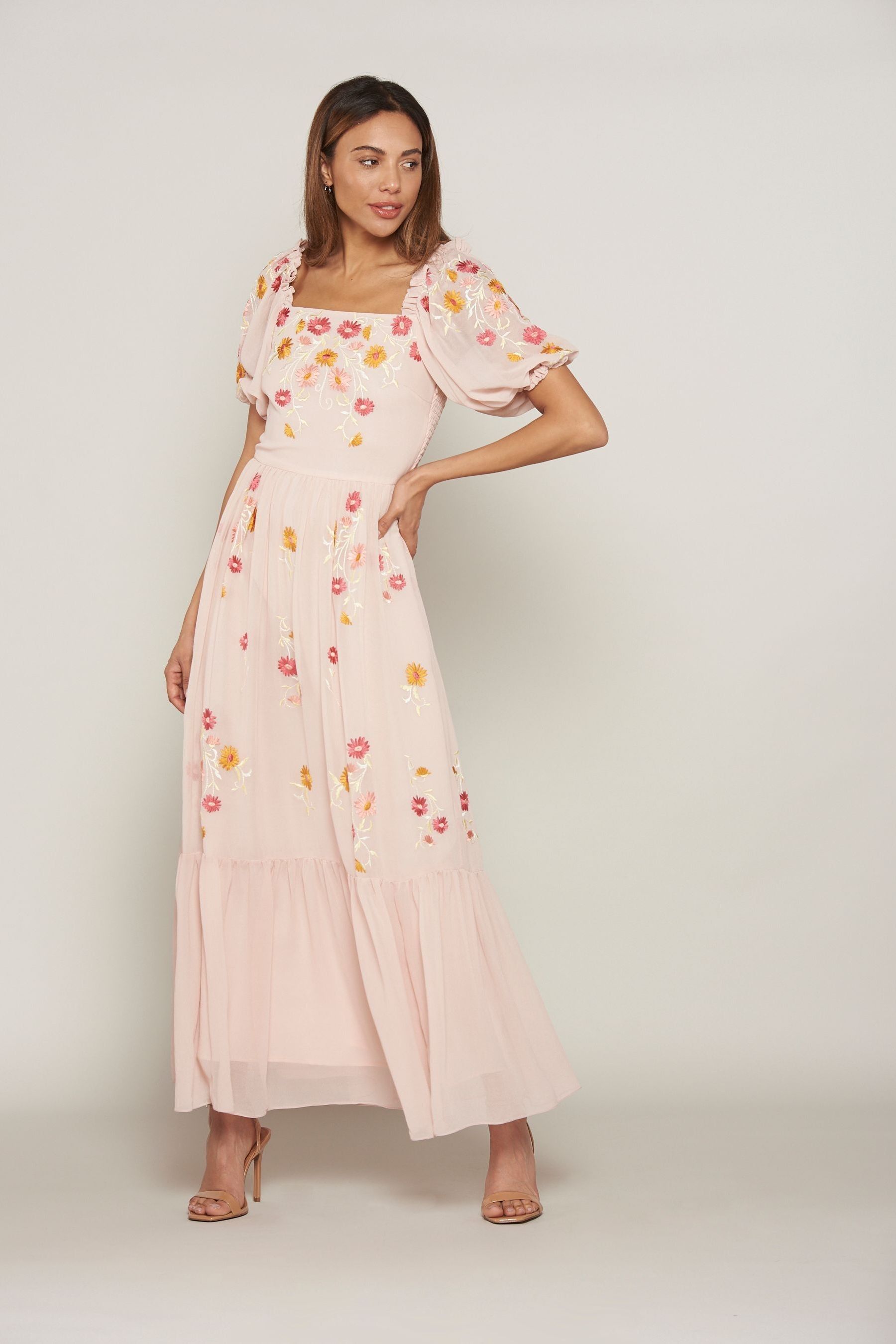 Buy Frock and Frill Pink Floral Embroidered Maxi Dress with Square Neckline from Next Luxembourg