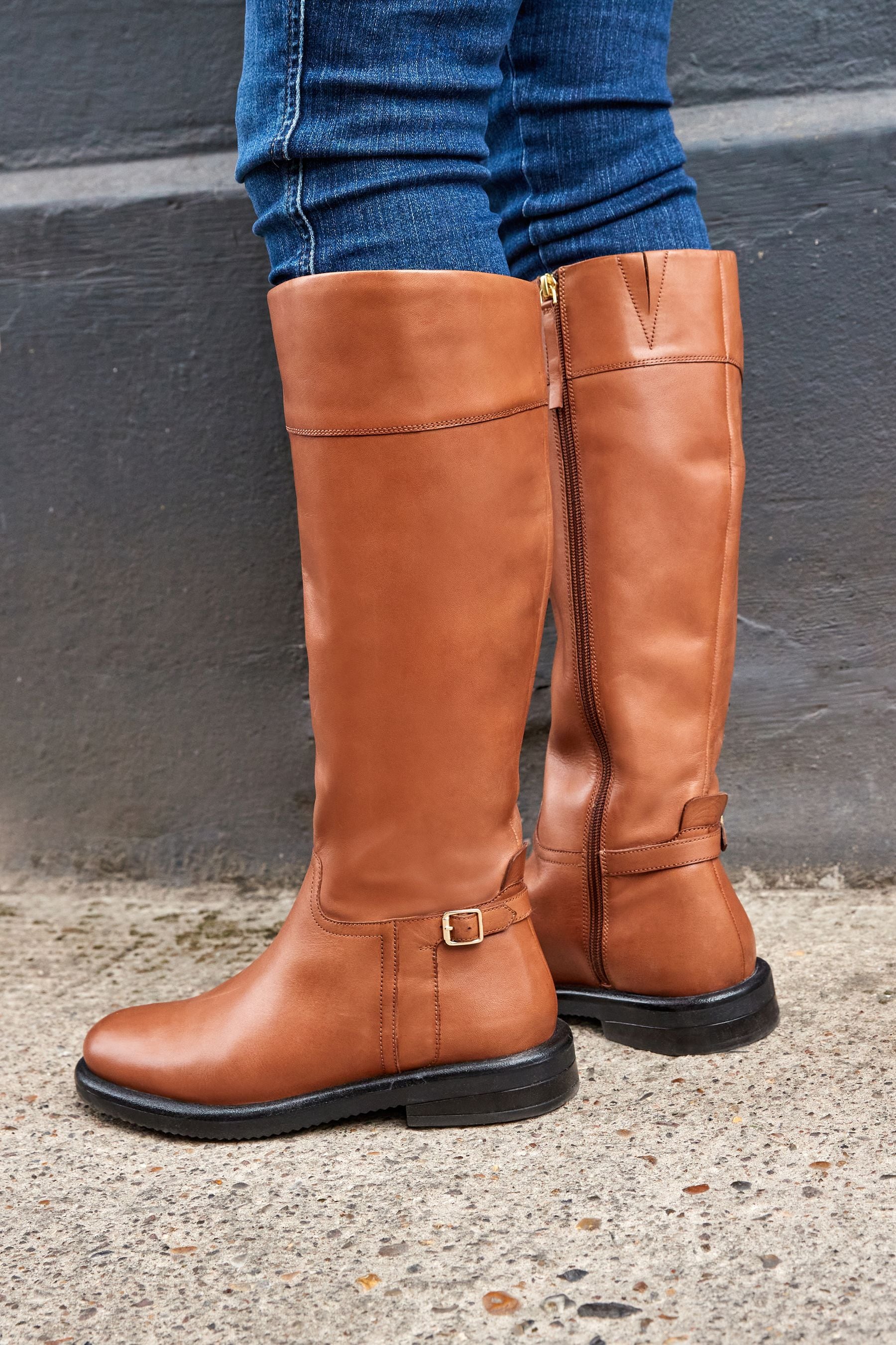 Brown leather knee high flat boots discount