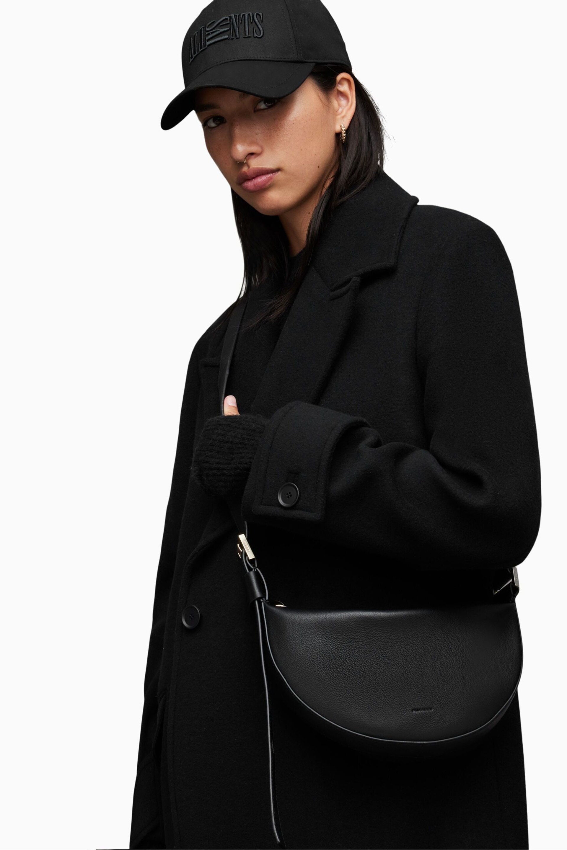 AllSaints Black Half Moon Cross-Body Bag - Image 1 of 7