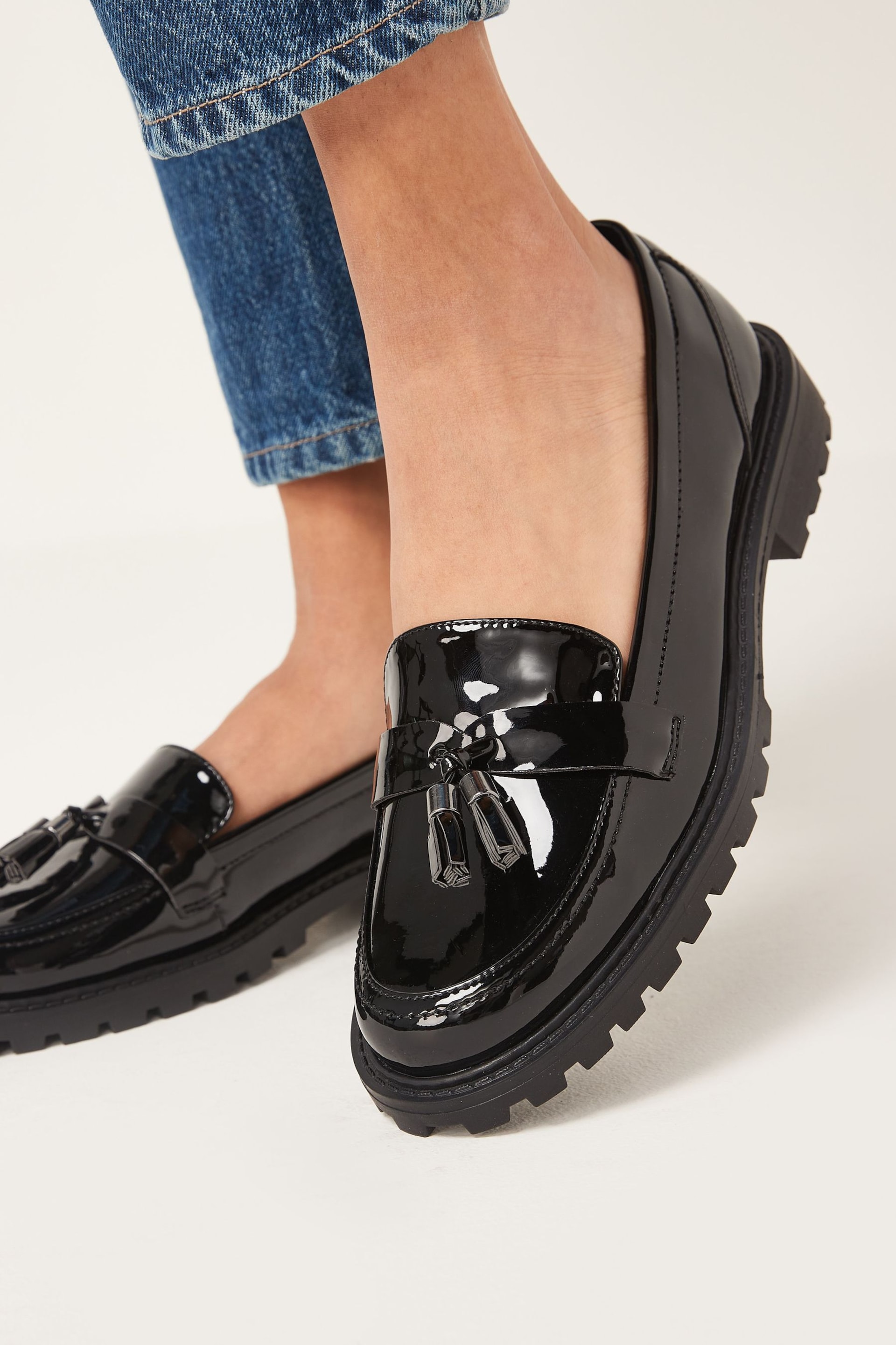 Black Patent Extra Wide Fit Forever Comfort® Tassel Detail Cleated Chunky Loafer Shoes - Image 2 of 6