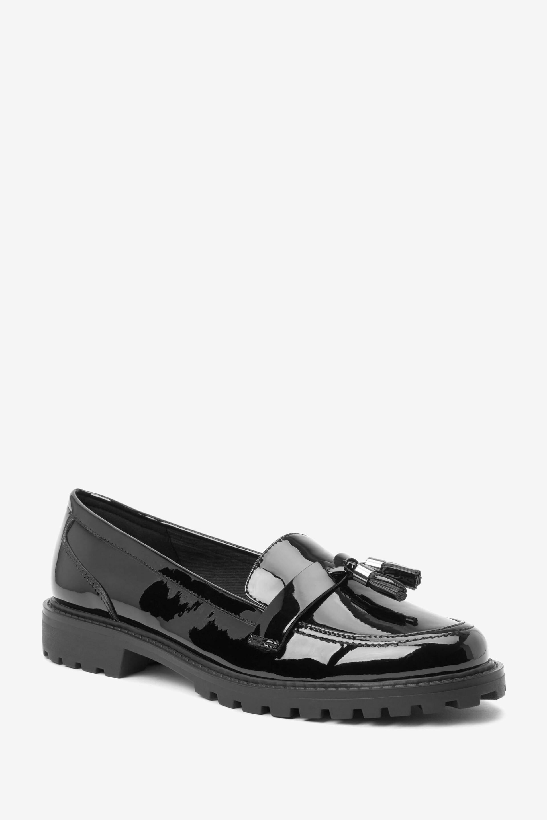 Black Patent Extra Wide Fit Forever Comfort® Tassel Detail Cleated Chunky Loafer Shoes - Image 4 of 6