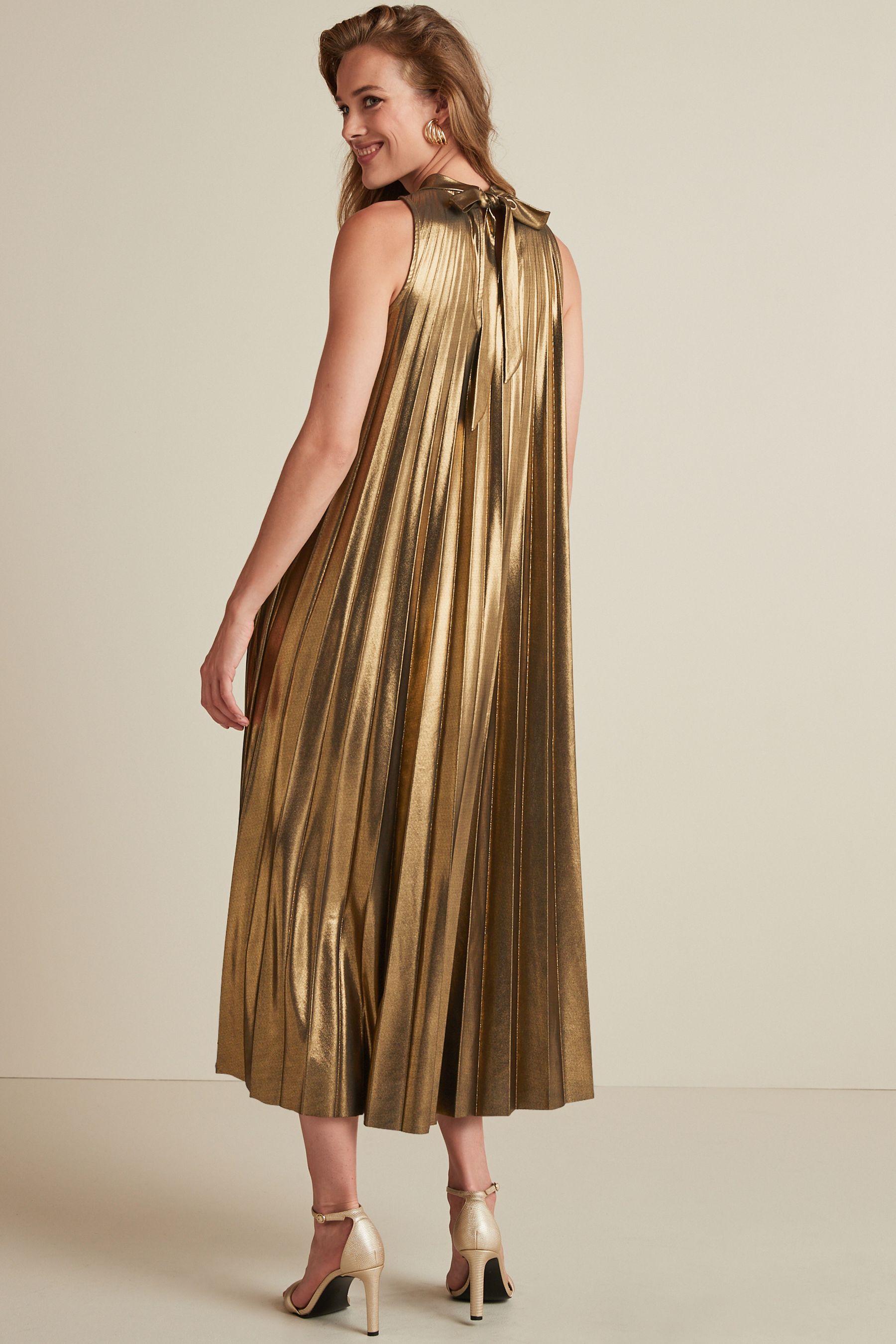 Buy Gold Halter Neck Sleeveless Pleated Midi Dress from Next Luxembourg