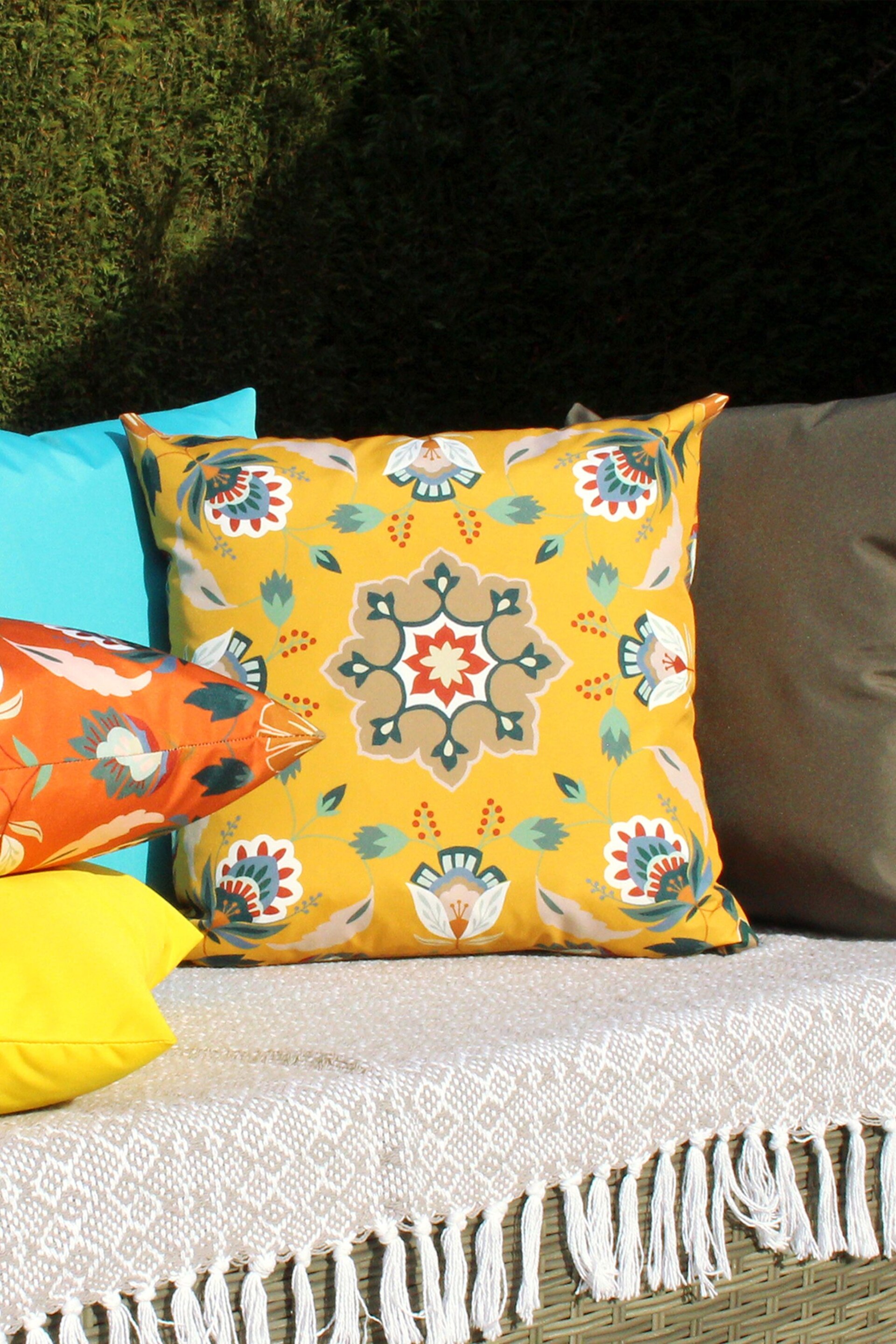 furn. Yellow Folk Flora 43 x 43 Outdoor Polyester Cushion - Image 1 of 5