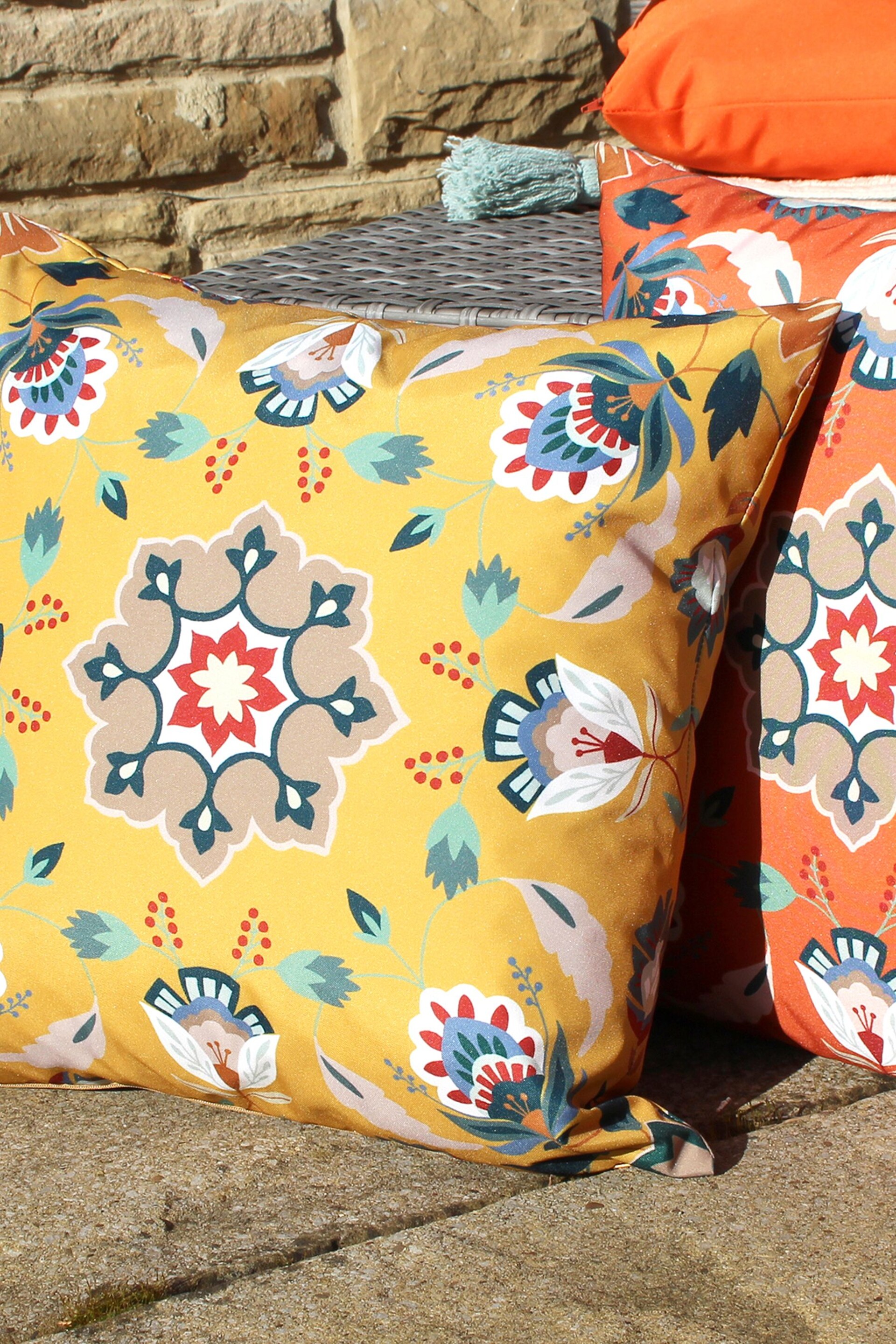 furn. Yellow Folk Flora 43 x 43 Outdoor Polyester Cushion - Image 4 of 5