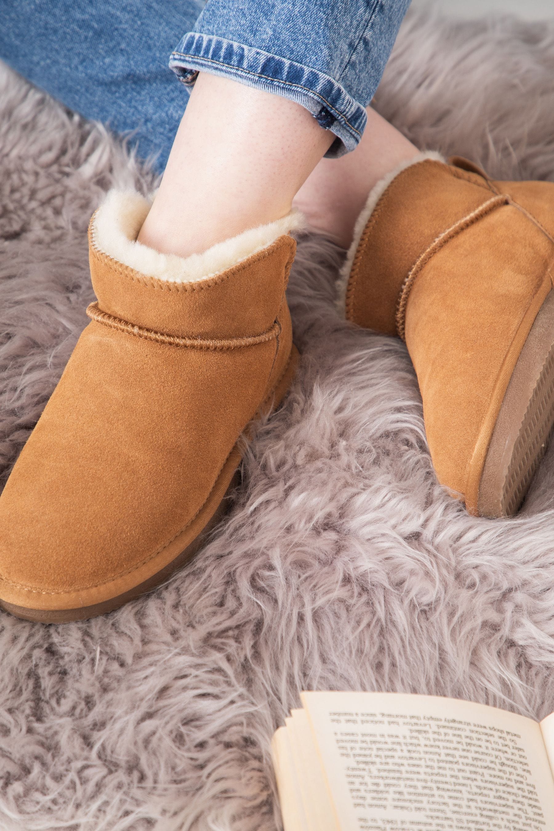 Lakeland Leather Tan Brown Ladies Sheepskin Mini Boot Slippers