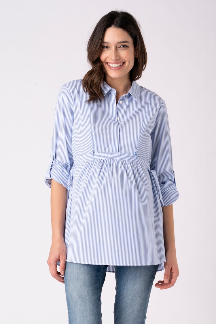 Seraphine Blue & White Pinstripe Tie Side Maternity to Nursing Shirt - Image 1 of 4