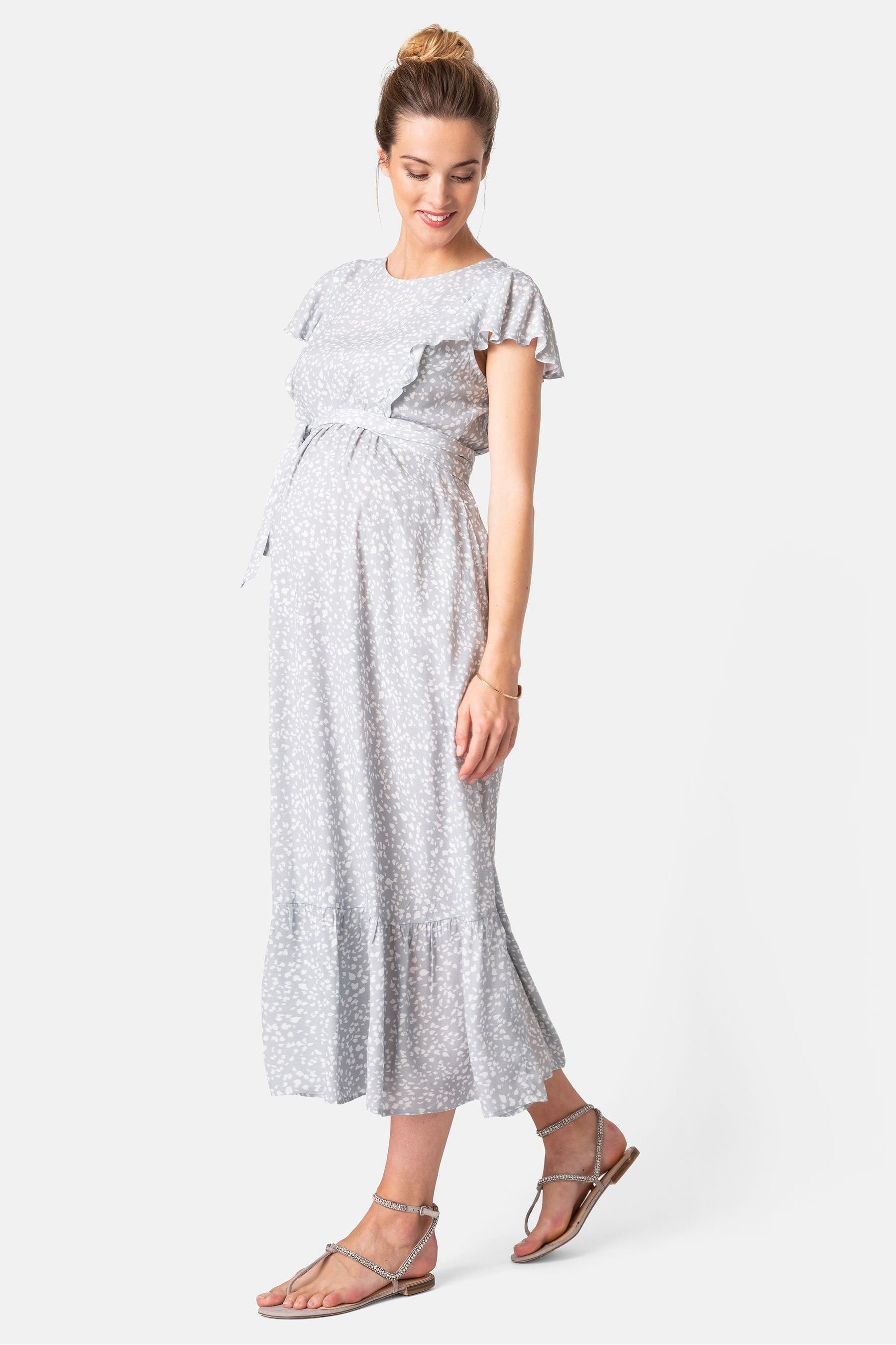 Seraphine Sage Grey White Maternity And Nursing Midi Dress