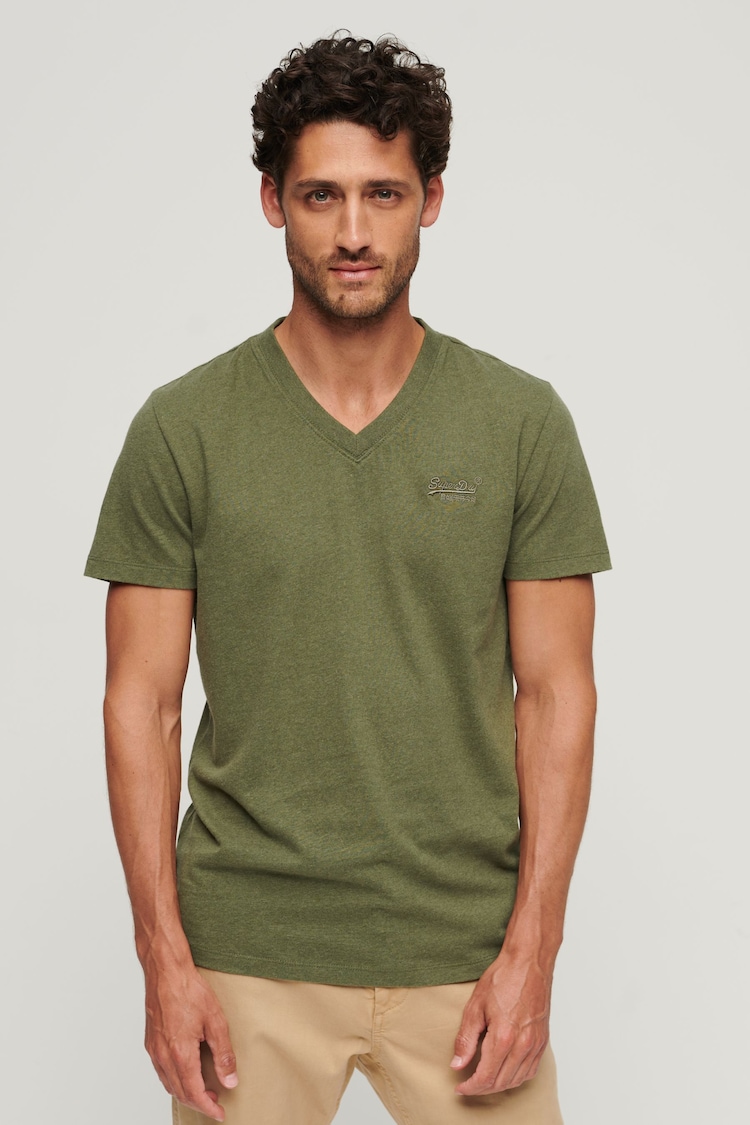 Superdry Green Cotton Vintage Logo V-Neck T-Shirt - Image 1 of 3