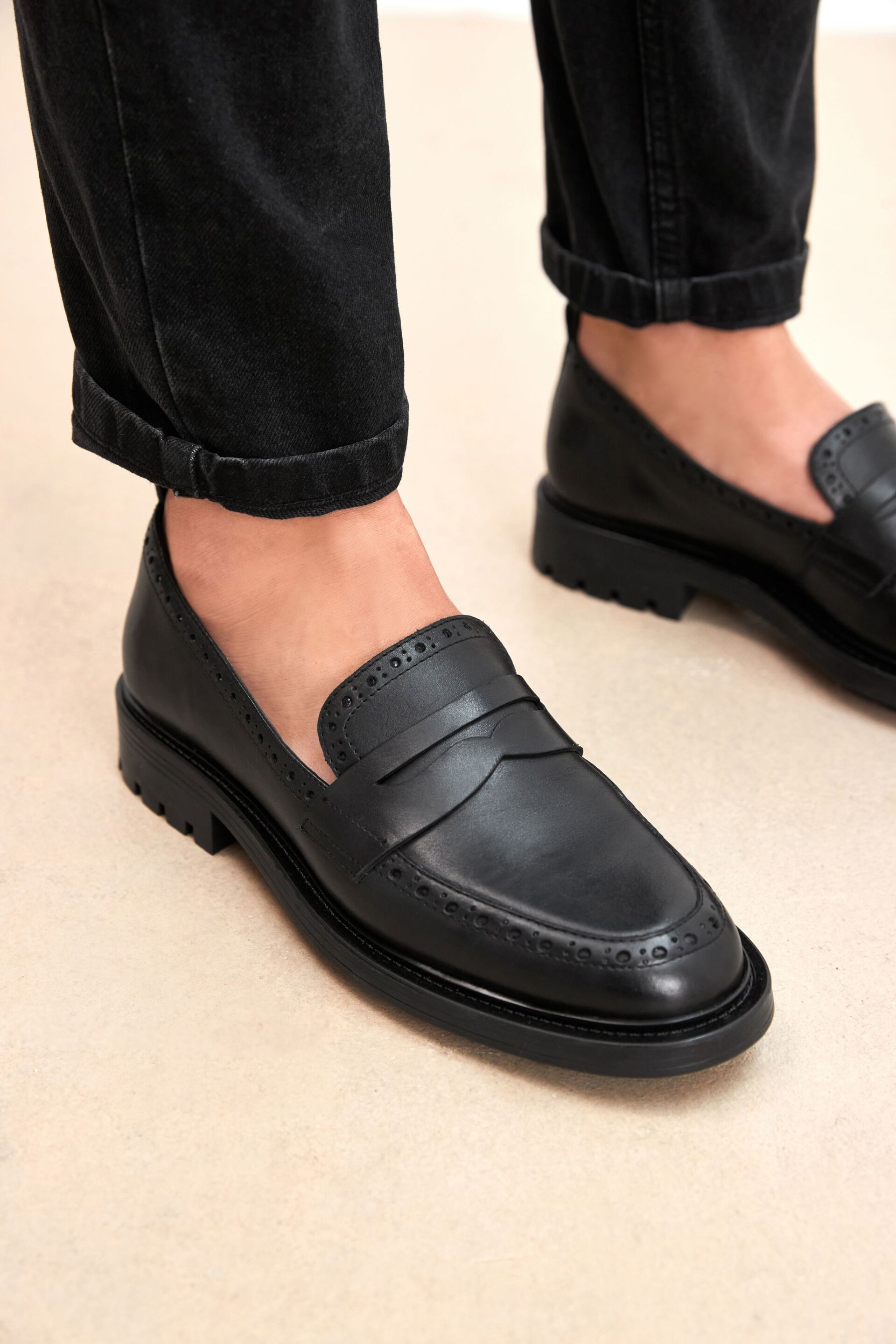 Black Forever Comfort® Leather Brogue Detail Chunky Loafer Shoes - Image 3 of 10