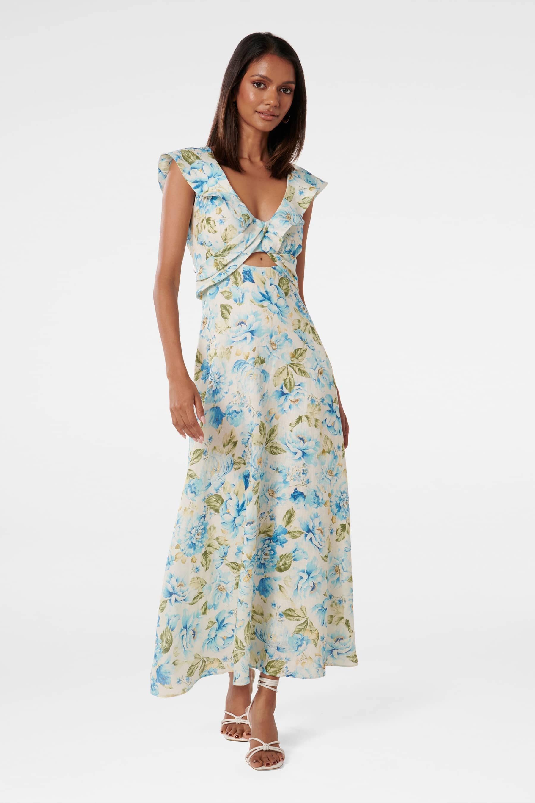 Buy Forever New Cream Pure Linen Lara Petite Frill Midi Dress from Next Belgium