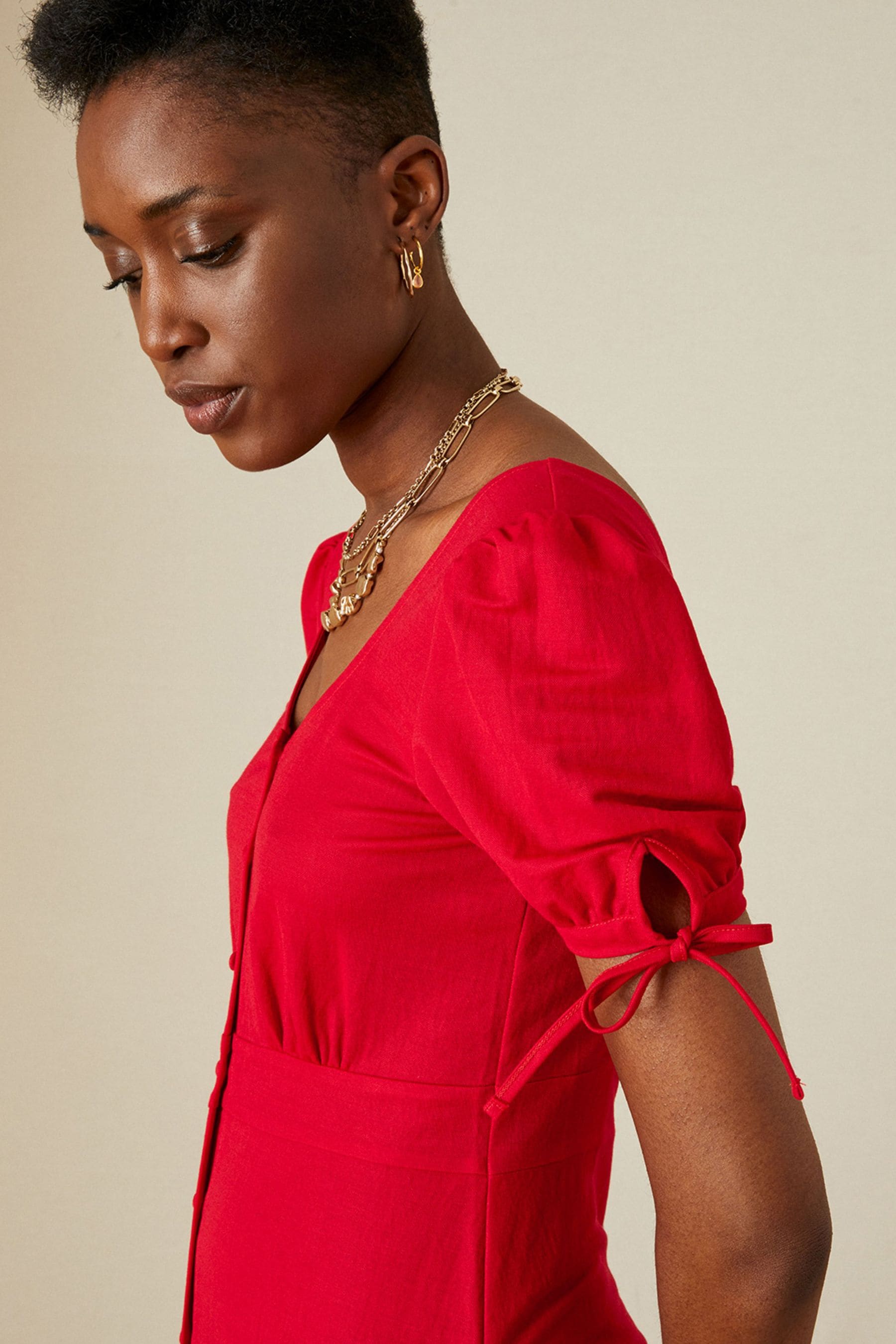 Red button through midi dress 2025