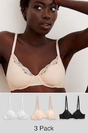 Black/White/Nude Non Pad Balcony Cotton Blend Bras 3 Pack - Image 1 of 9