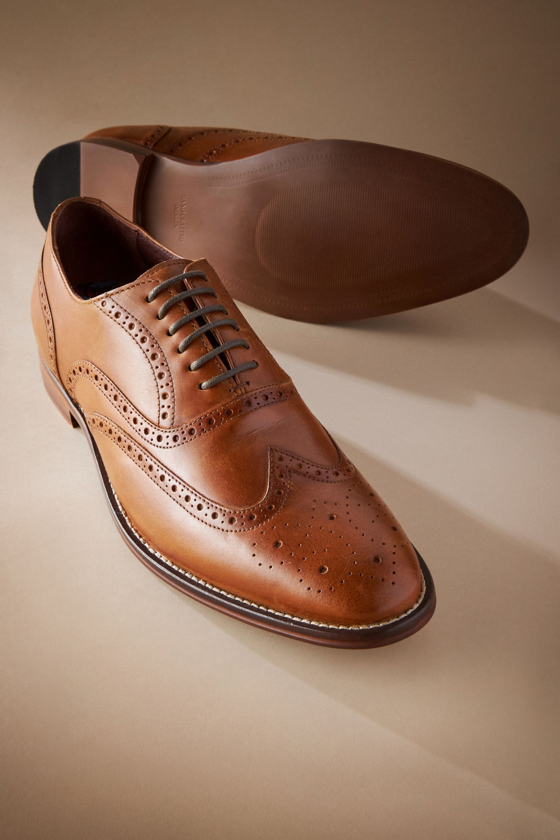 Tan Brown Wide Fit Signature Italian Leather Wing Cap Brogues - Image 2 of 5