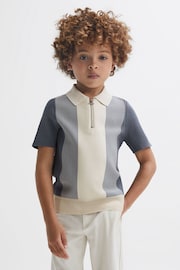 Reiss Airforce Blue/Ecru Milton Junior Half-Zip Striped Polo Shirt - Image 3 of 6