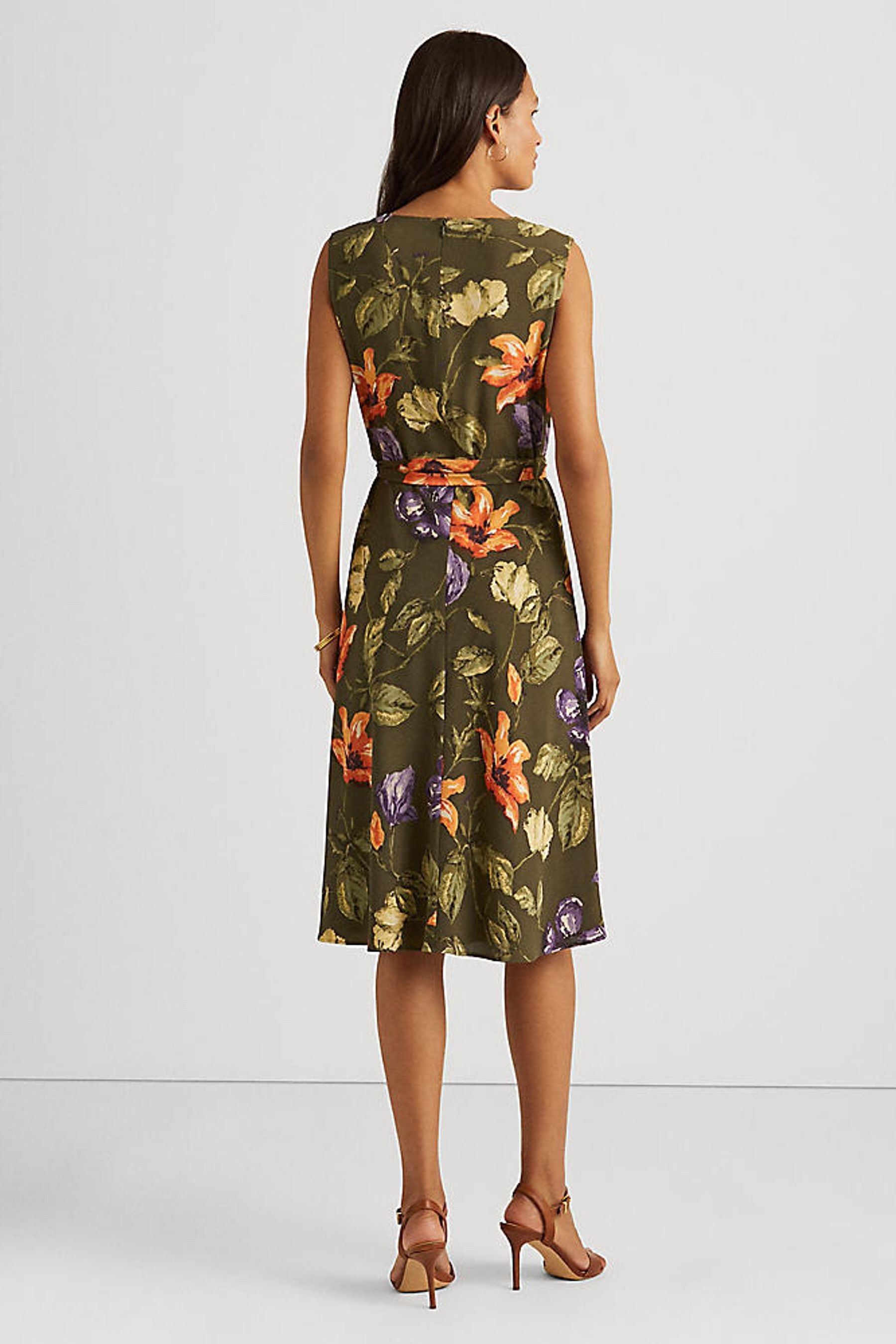 Buy Lauren Ralph Lauren Khaki Green Floral Tie Waist Vilodie Midi Dress from Next Ireland