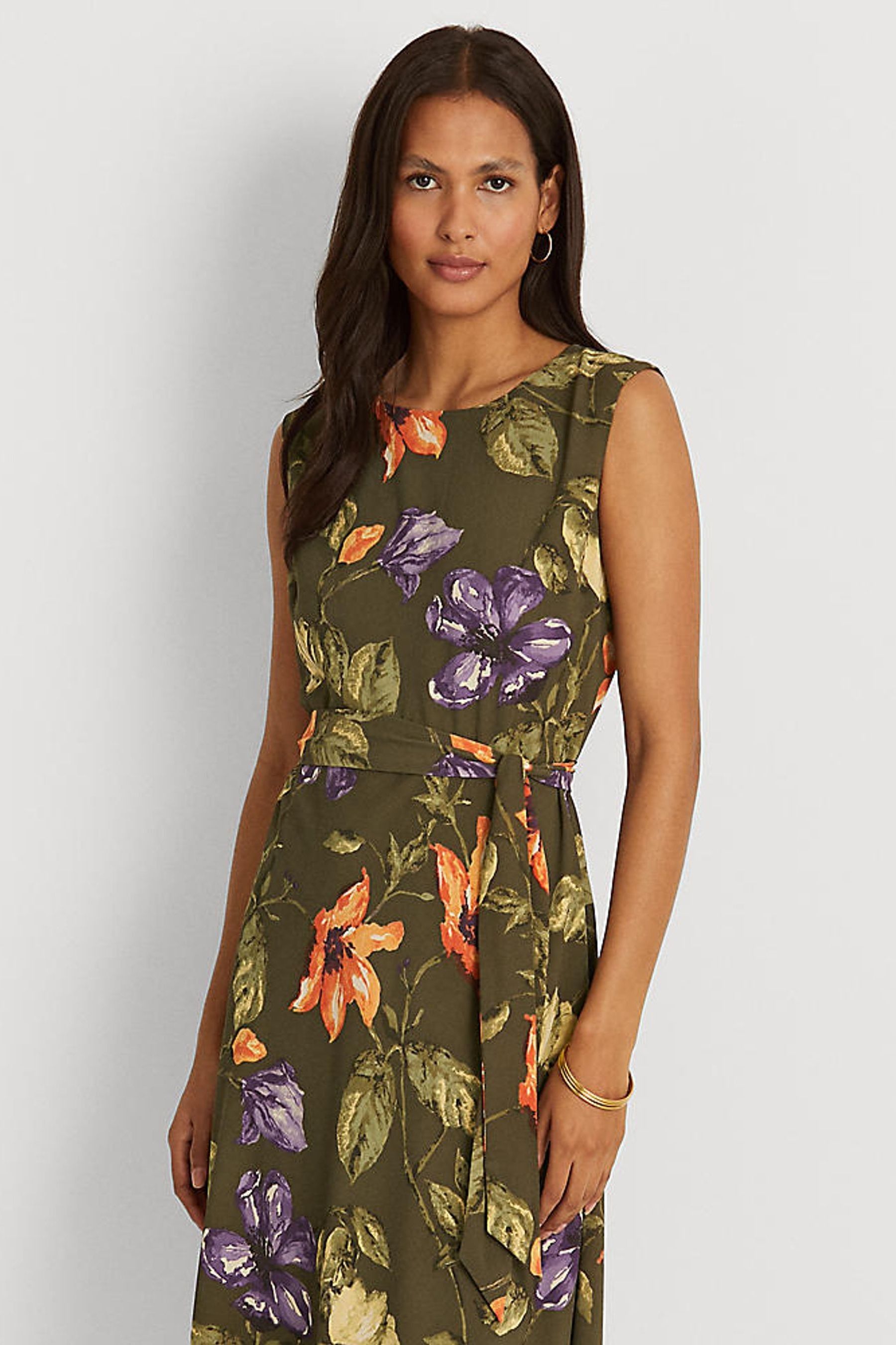 Buy Lauren Ralph Lauren Khaki Green Floral Tie Waist Vilodie Midi Dress from Next Luxembourg