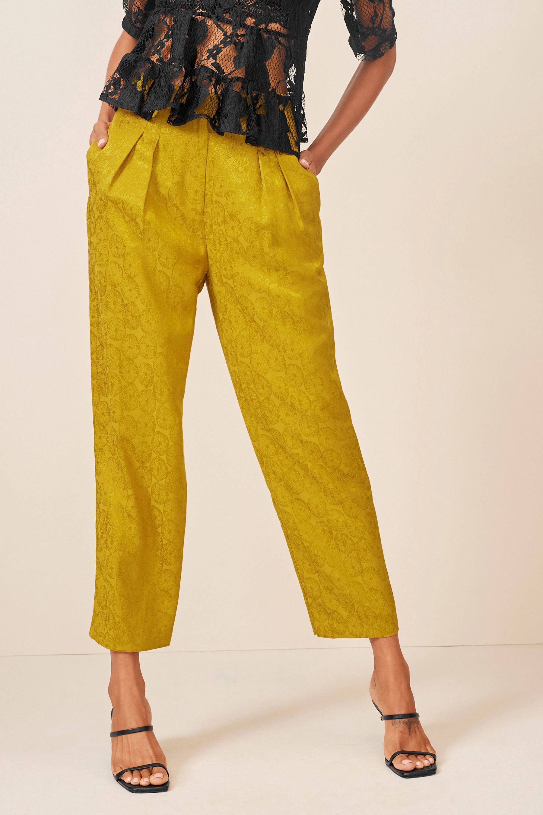Yellow satin trousers on sale