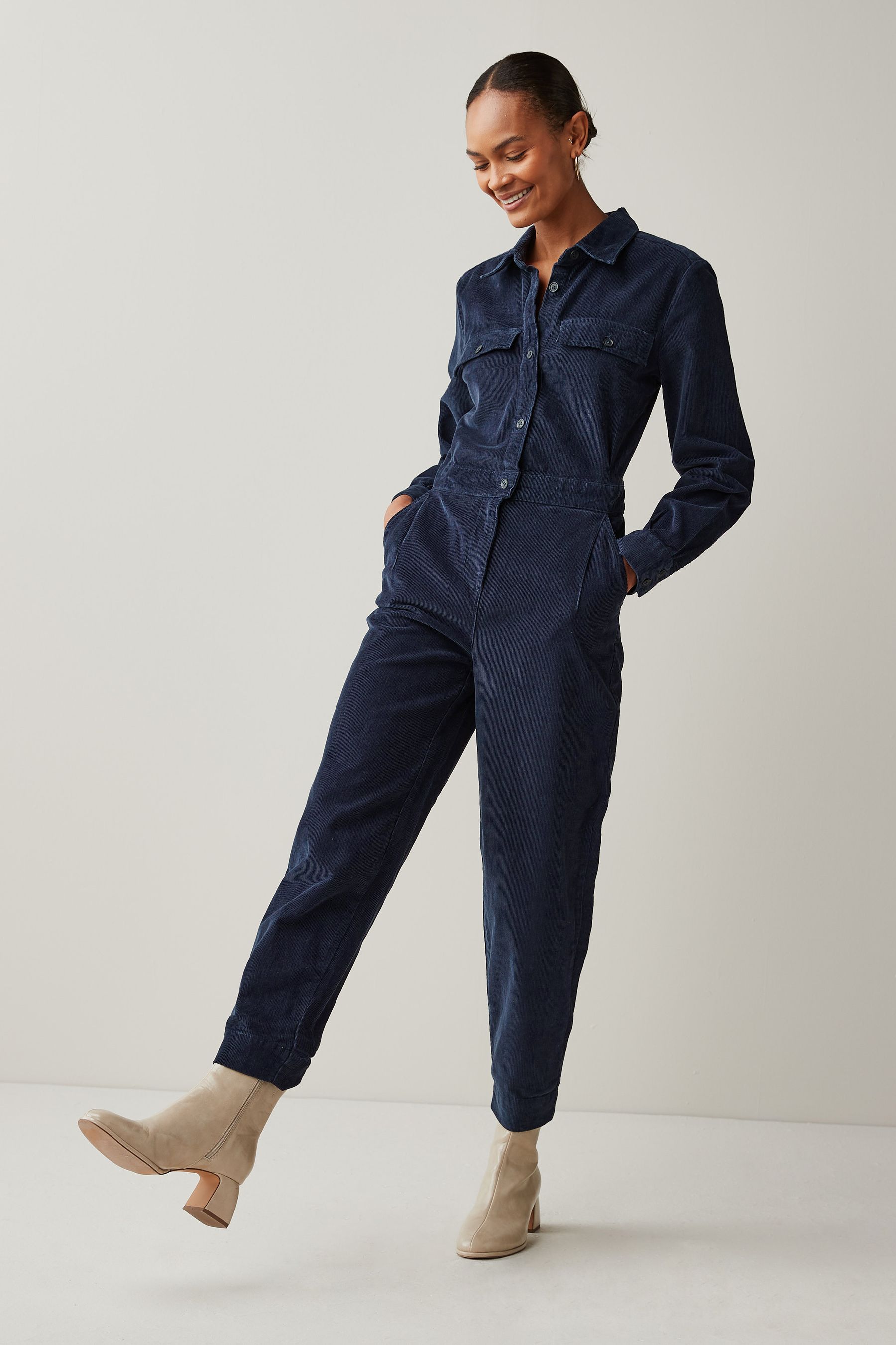 Buy Navy Blue Cord Utility Style Button Through Jumpsuit from Next Austria