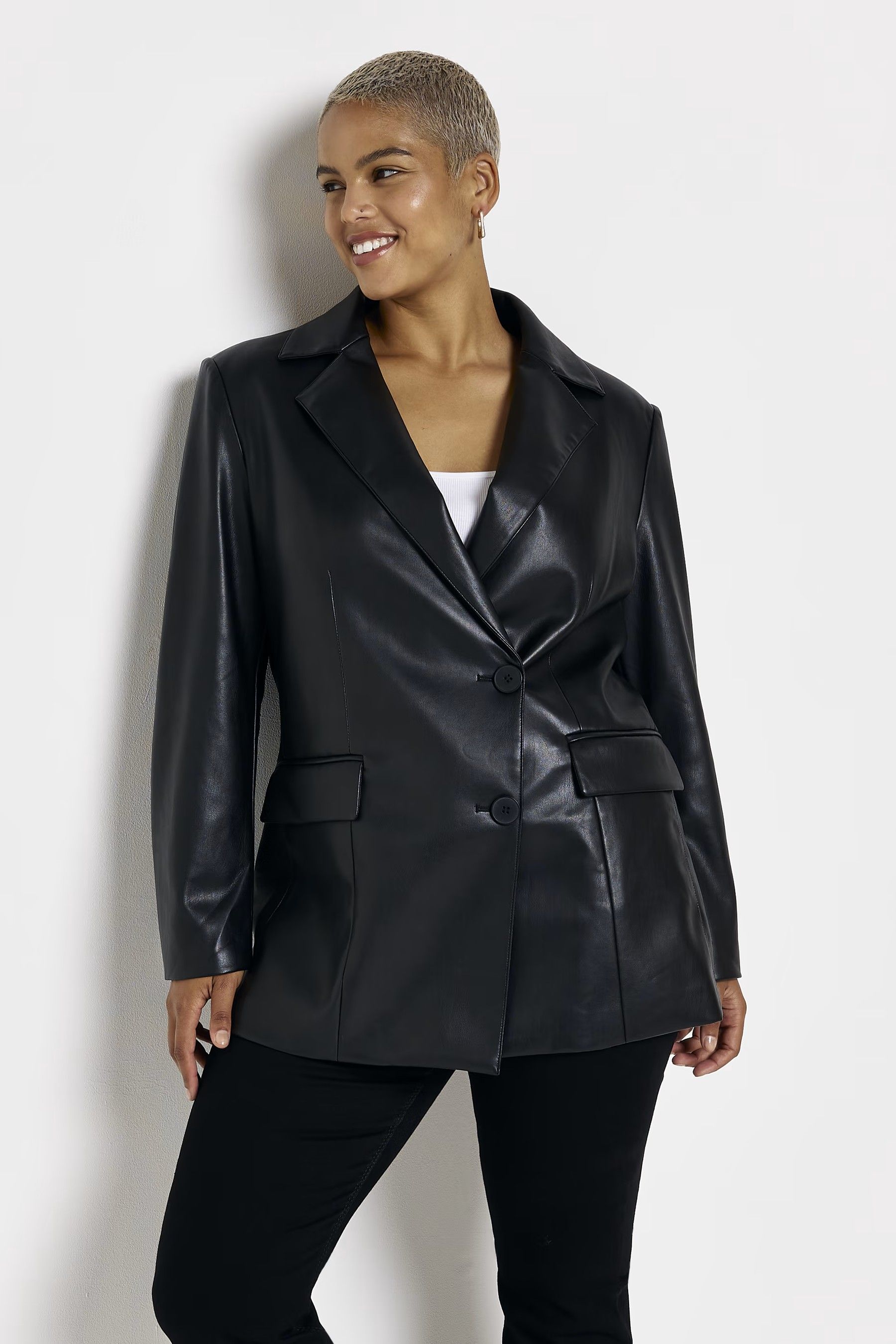 Buy River Island Plus Black PU Cinched Waist Blazer from Next Luxembourg