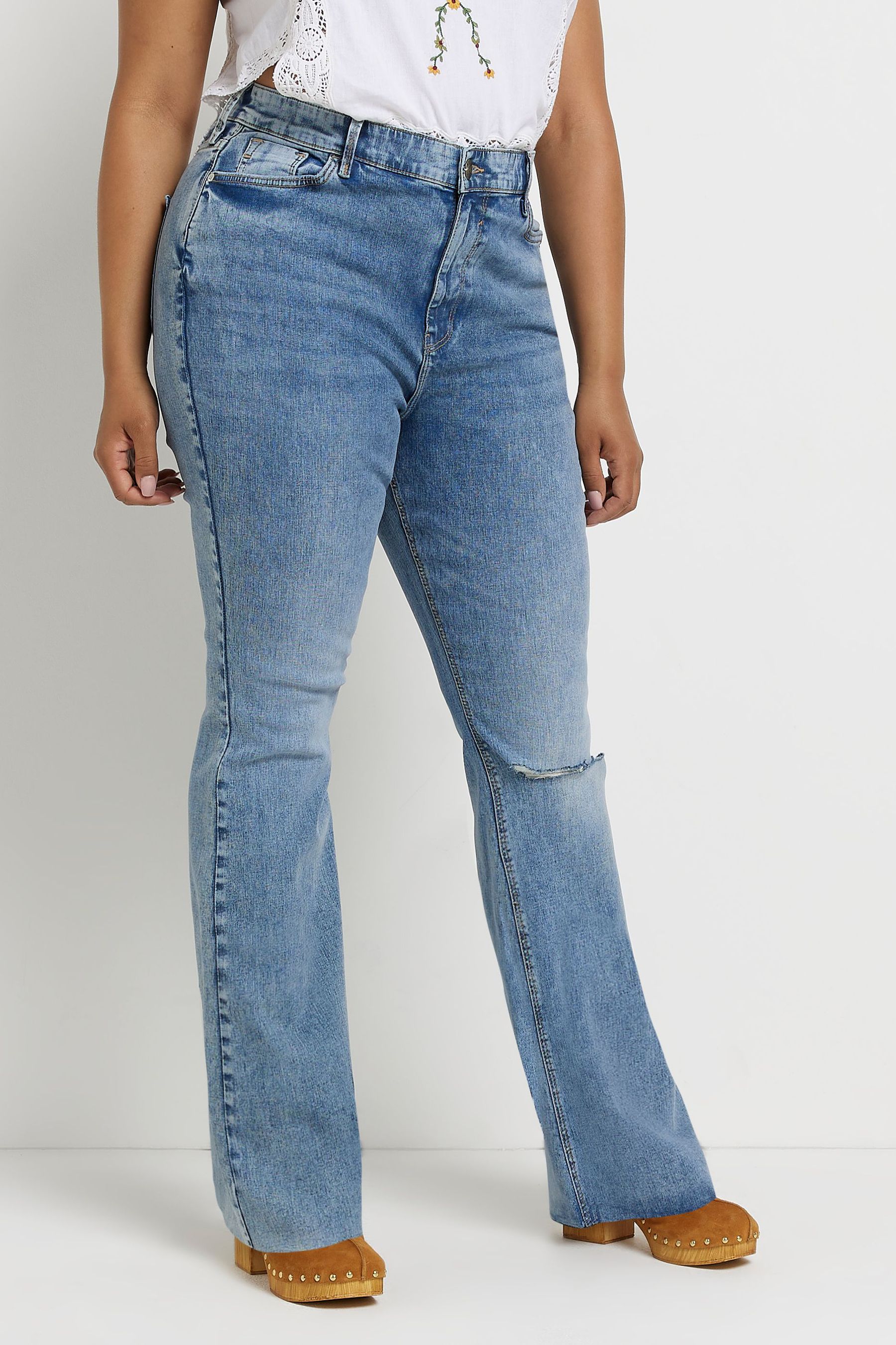 Buy River Island Plus Medium Denim Blue HR Flare Rip Cheryl Jeans from Next Luxembourg