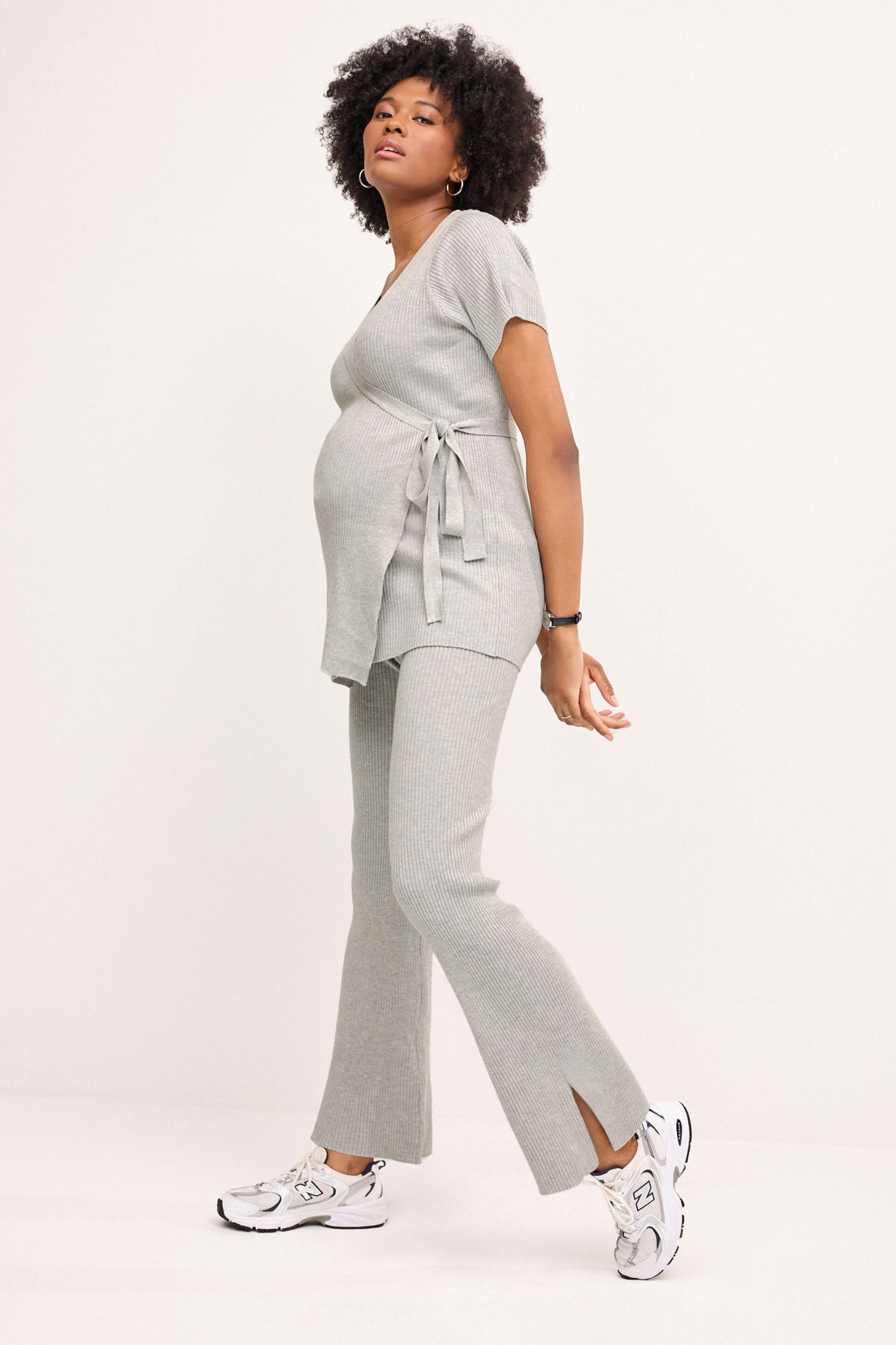 Grey Ribbed Split Hem Trousers - Image 1 of 8