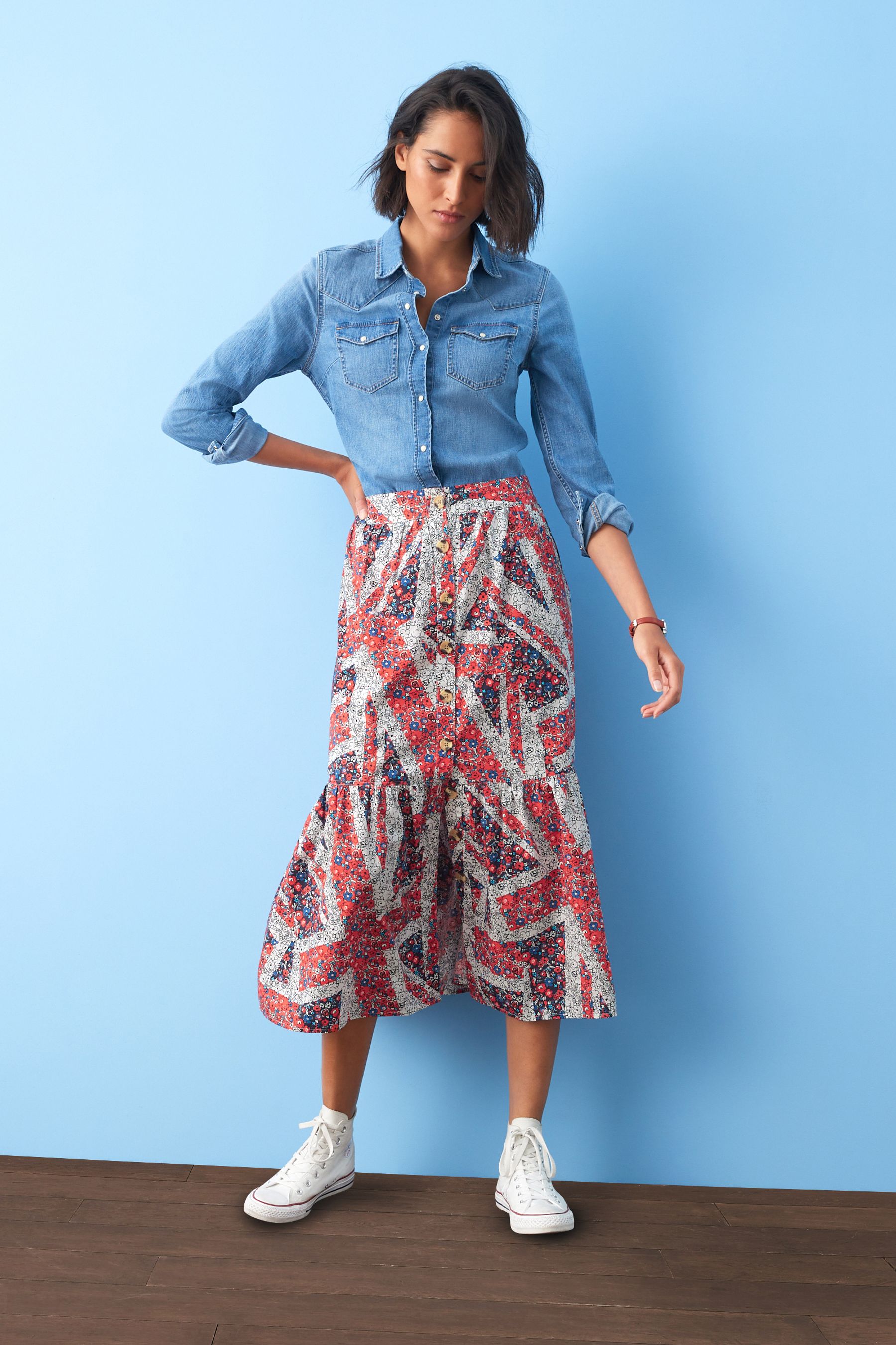 Buy Print Coronation Button Through 100 Cotton Midi Skirt from Next Luxembourg