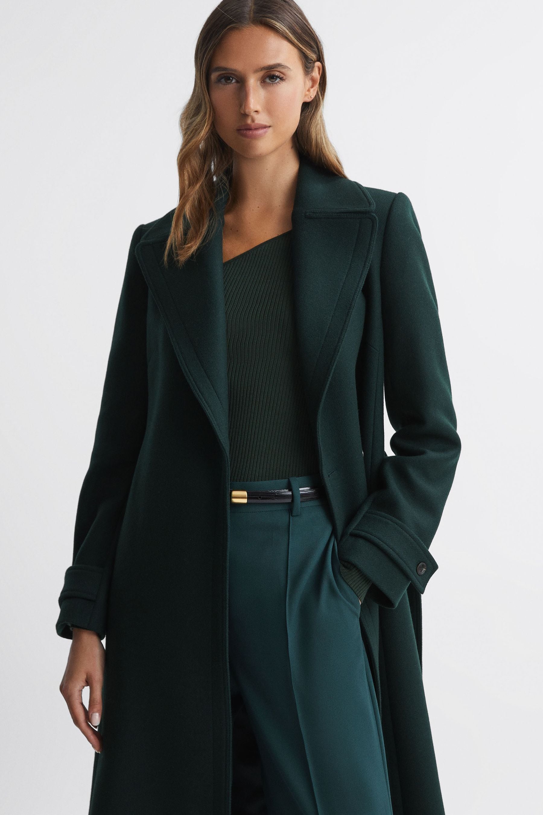 Belted green coat hot sale