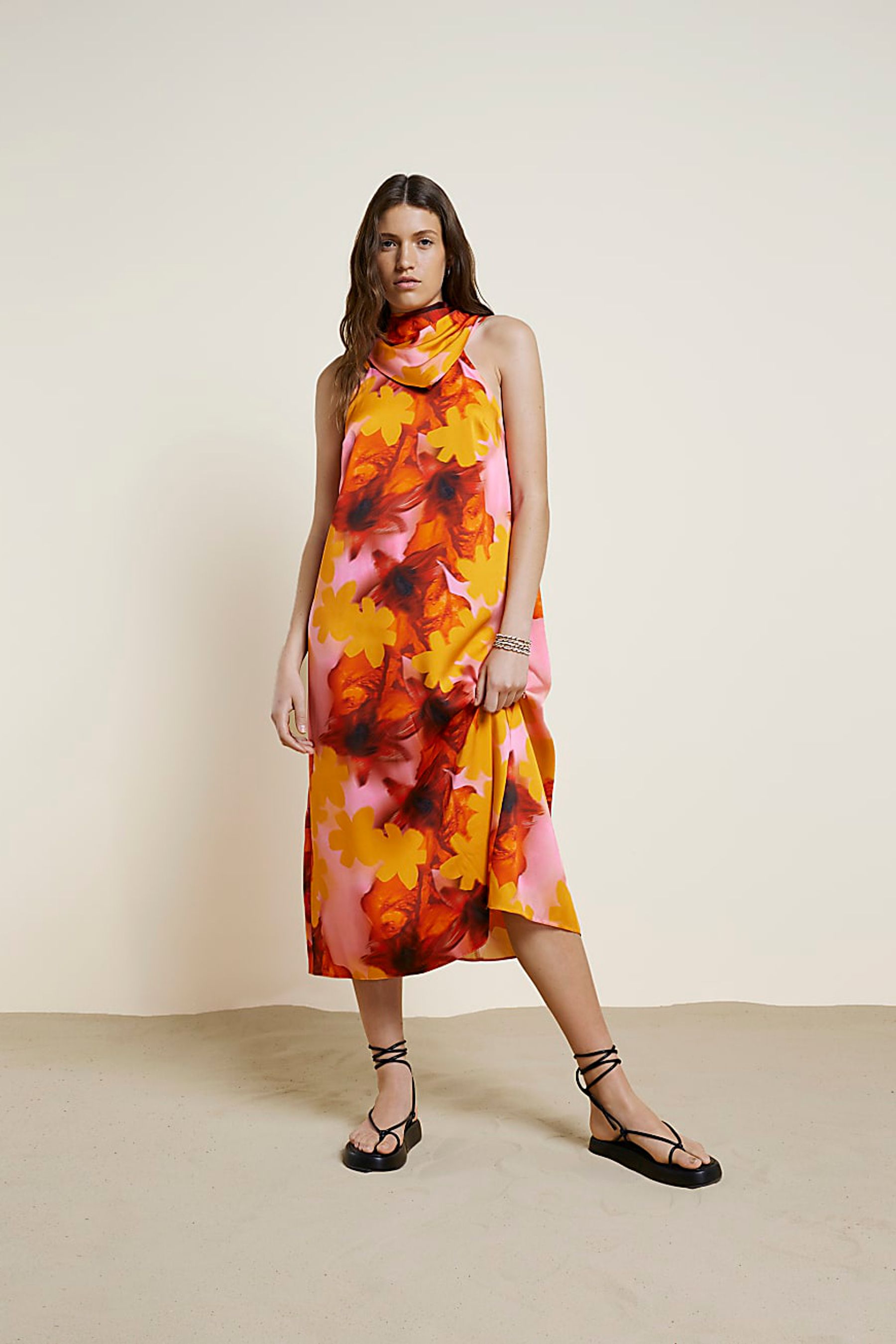 Buy River Island Orange Floral Cowl Neck Midi Dress from Next Luxembourg