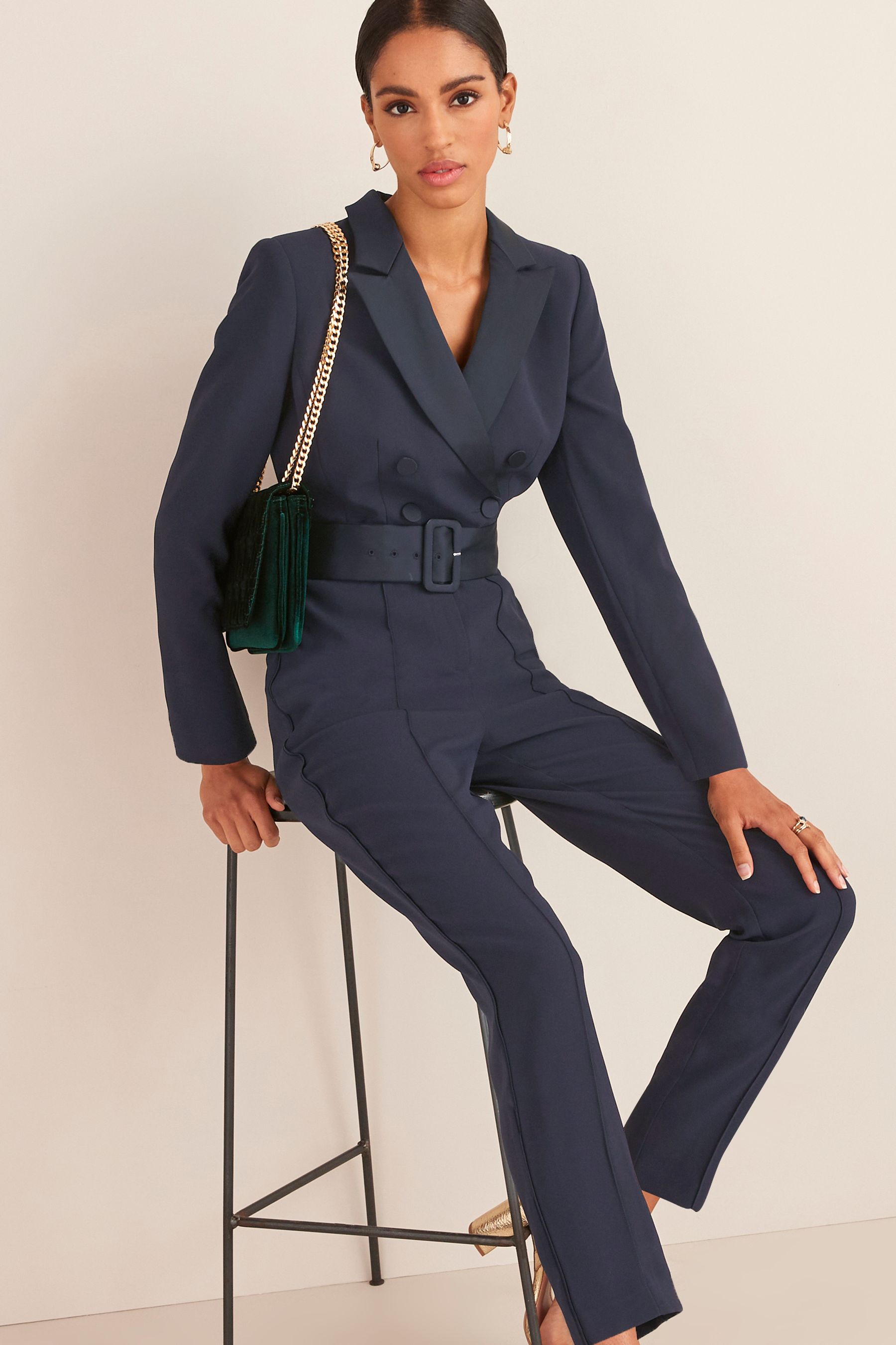 Buy Navy Long Sleeve Tuxedo Jumpsuit from Next Luxembourg