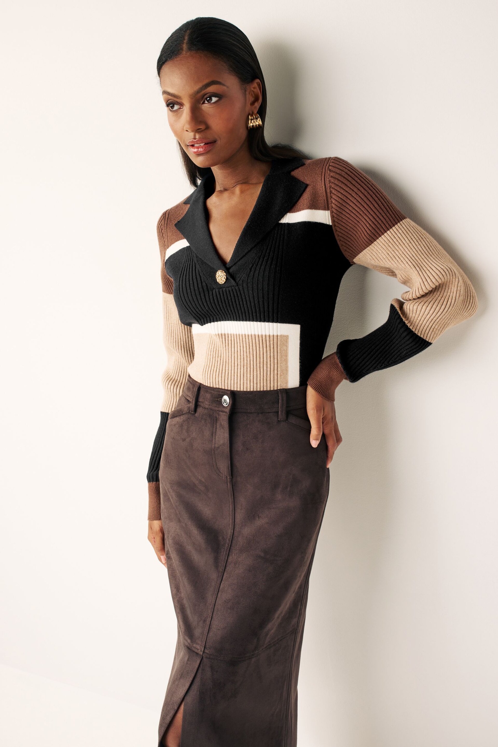 Neutral Brown Gold Button V-Neck Collar Jumper - Image 1 of 3