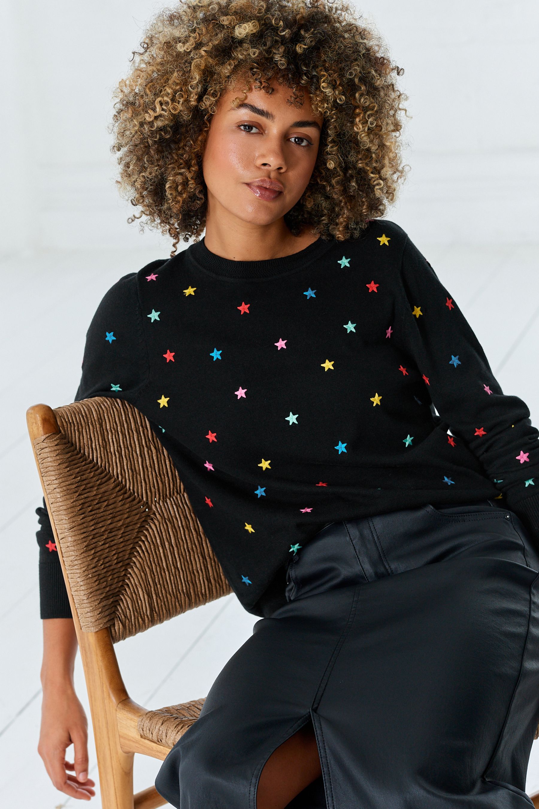 Buy Black Multicolour Star Crew Neck Long Sleeve Jumper from Next Kuwait